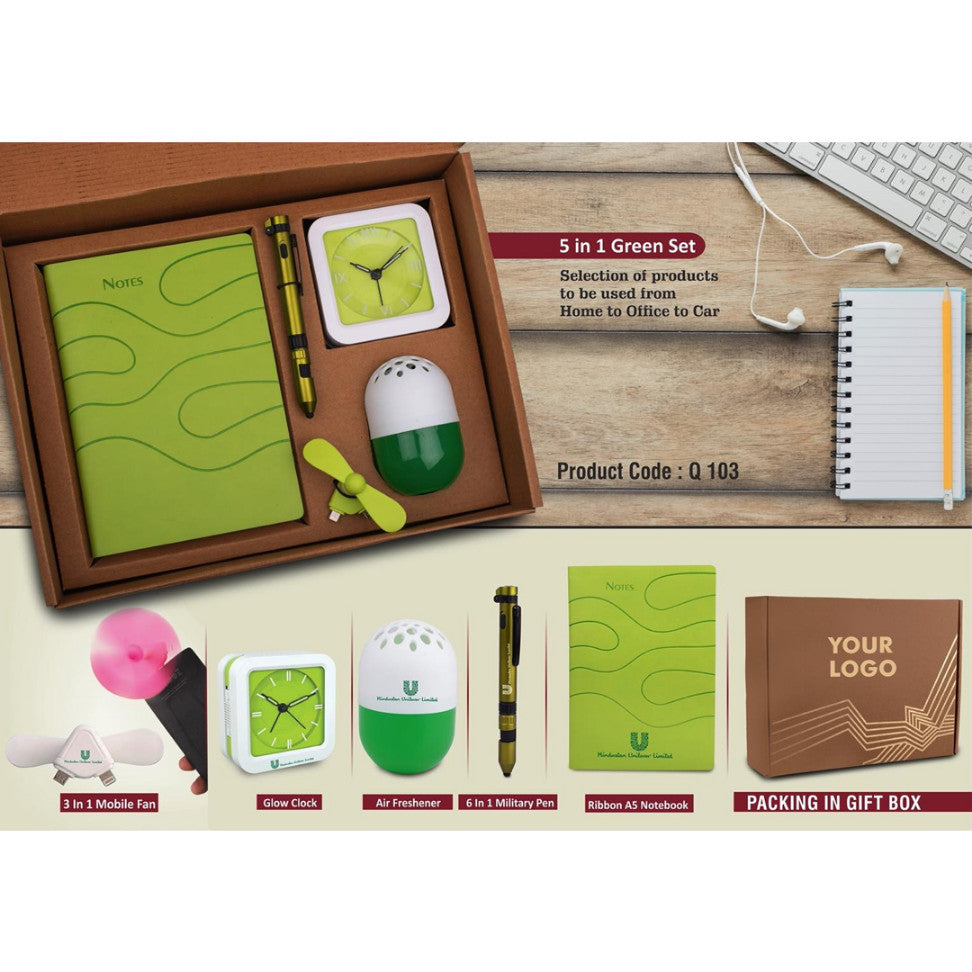 5 In 1 Green Gift Set: Air Freshener, Mobile Fan, 6 In 1 Military Pen, Glow Clock, A5 PU Notebook - corporate gift by YuBingo
