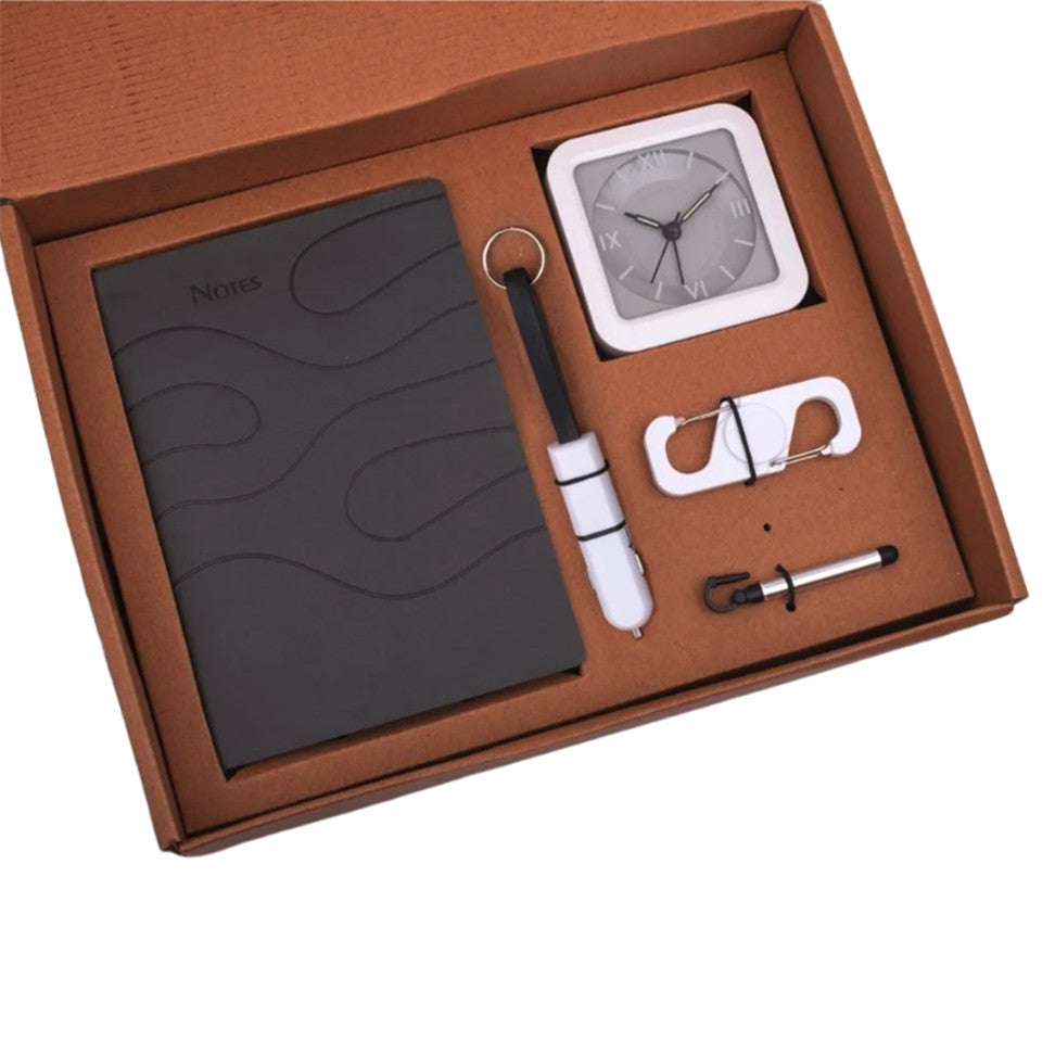 5 In 1 Gray Gift Set: Spinner With Bottle Opener, Keychain With Car Charger And Cable, Jack Stylus With Phone Stand, Glow Clock, A5 PU Noteboo - corporate gift by YuBingo