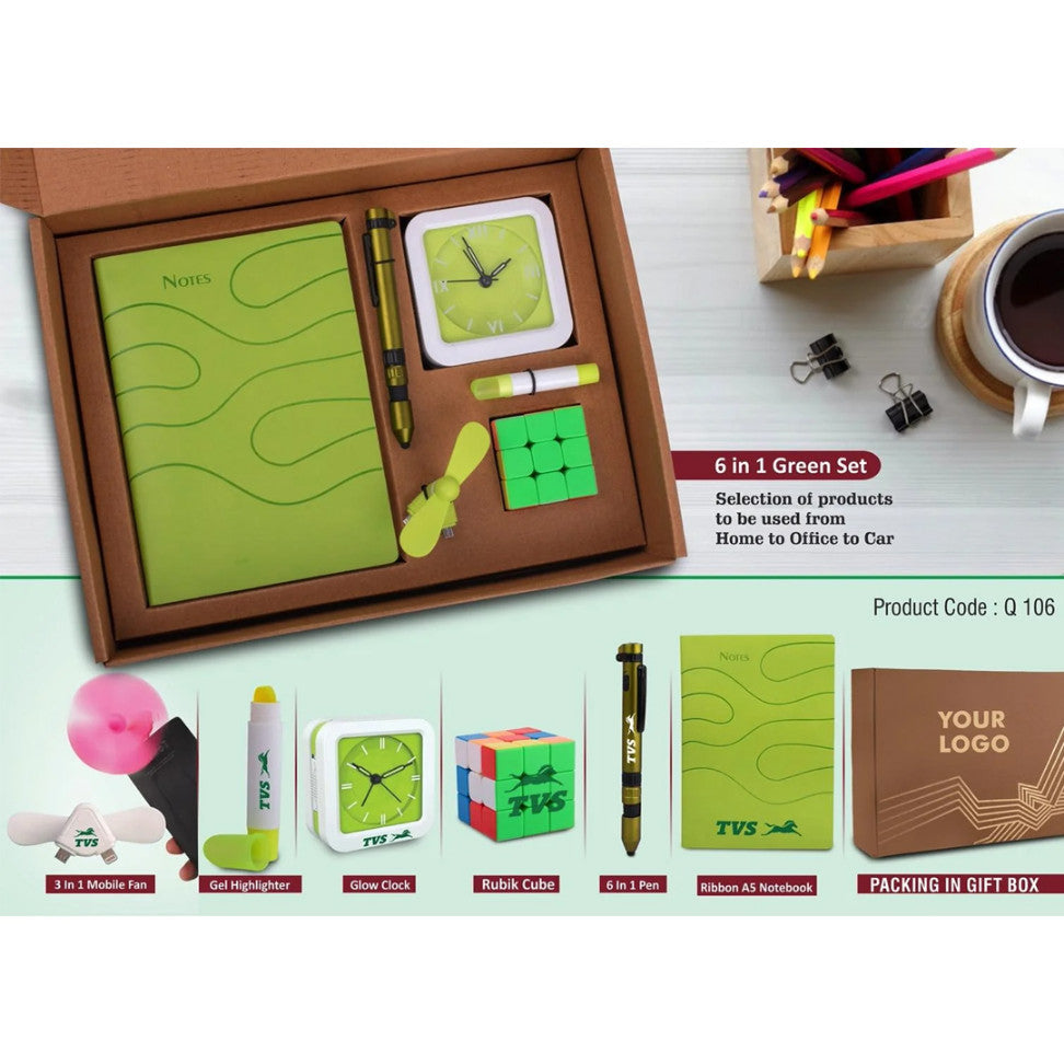 6 In 1 Green Gift Set: Rubik's Cube, Gel Highlighter, Mobile Fan, 6 In 1 Military Pen, Glow Clock, A5 PU Notebook - product image 2