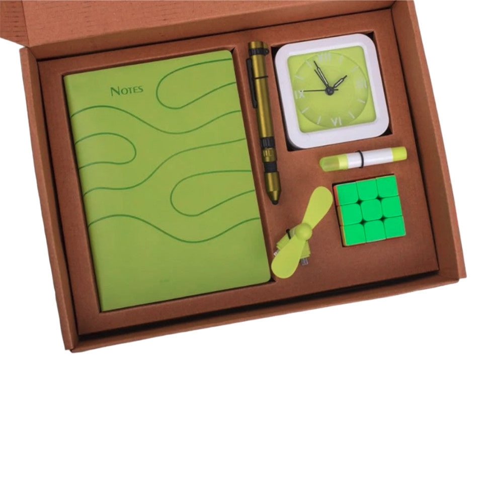 6 In 1 Green Gift Set: Rubik's Cube, Gel Highlighter, Mobile Fan, 6 In 1 Military Pen, Glow Clock, A5 PU Notebook - corporate gift by YuBingo