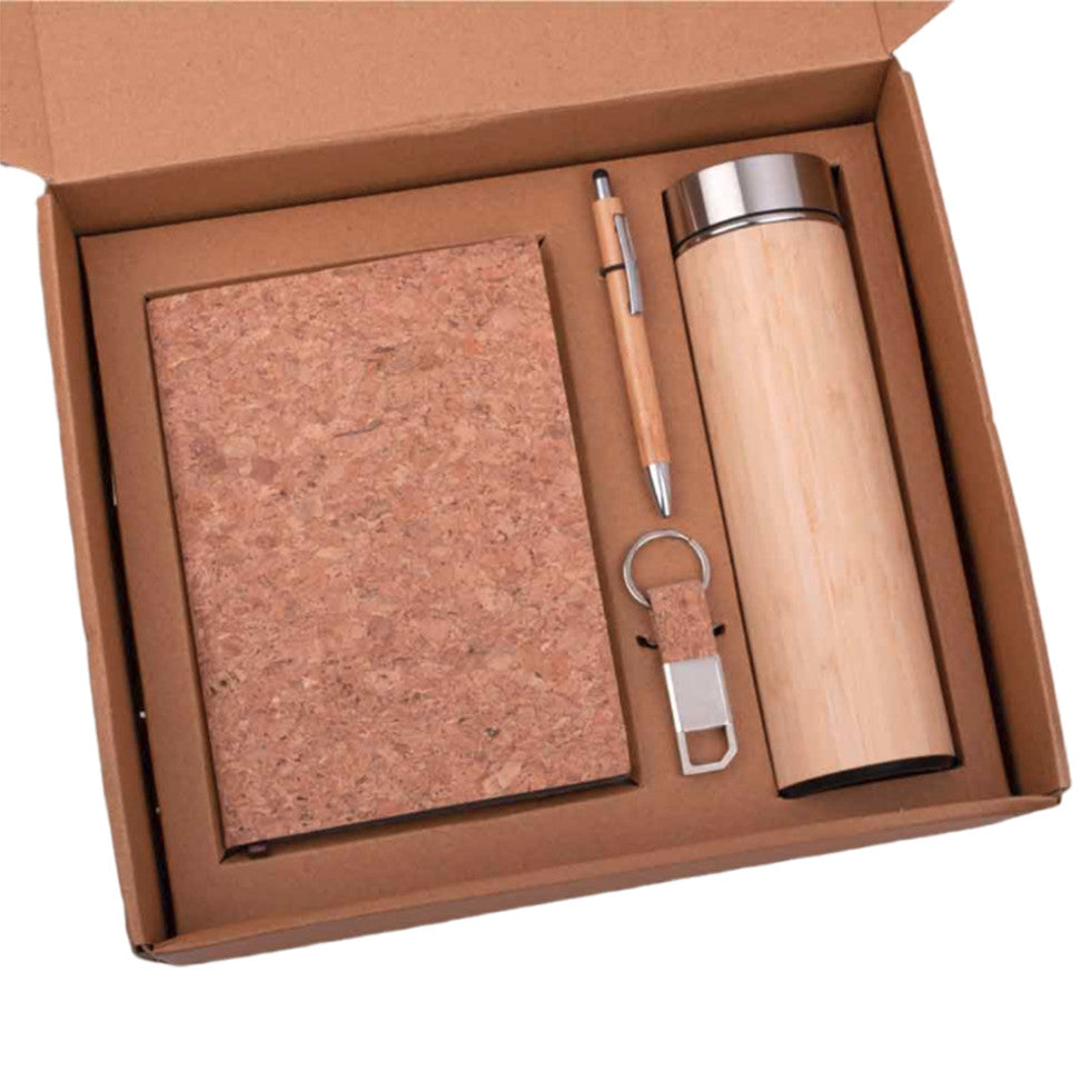 EcoSet 3: A5 Cork Notebook, Bamboo 304 Steel Vacuum Flask, Bamboo Pen, Cork Keychain - corporate gift by YuBingo