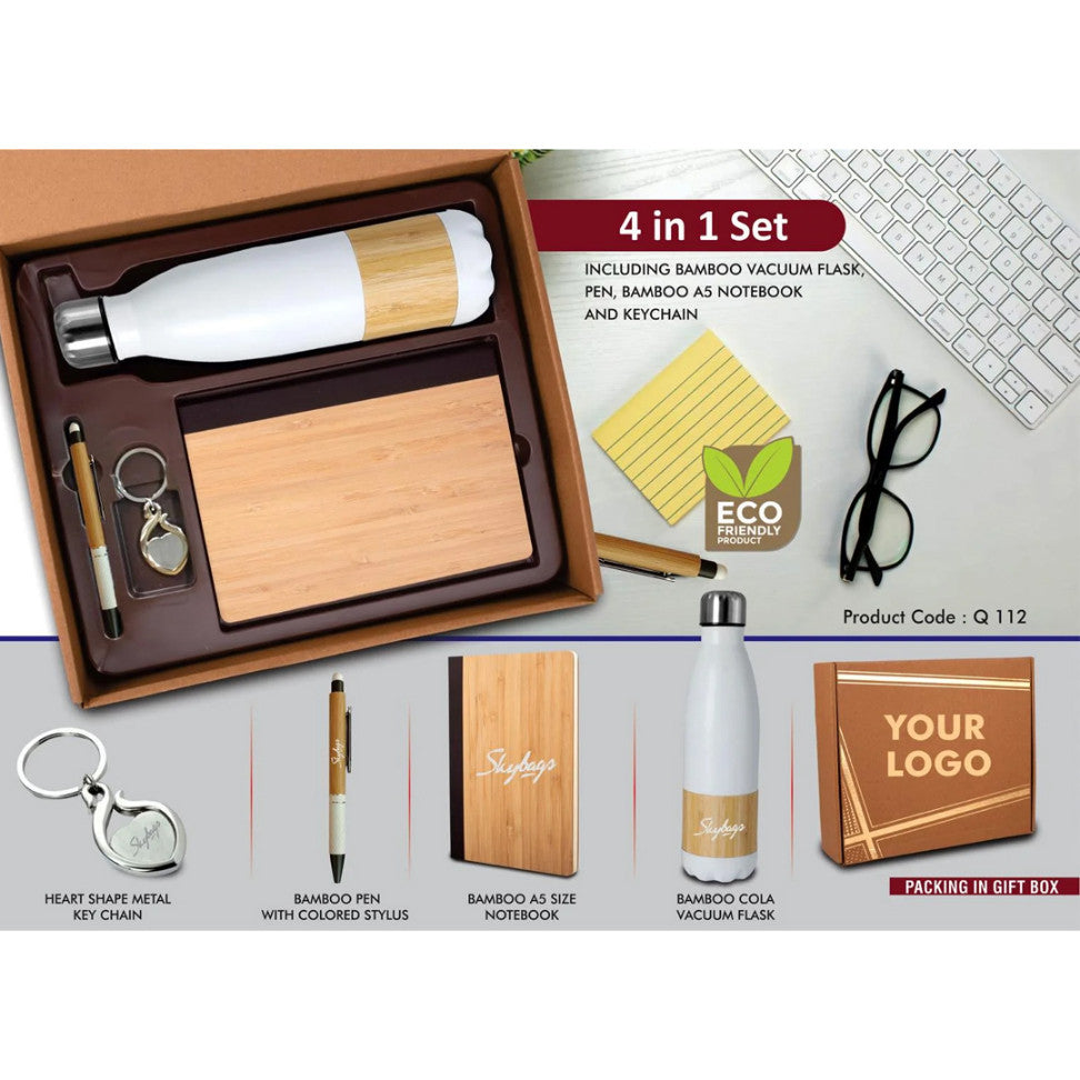 4 in 1 Bamboo Set: Keychain, Bamboo Vacuum Flask, Bamboo Pen, A5 Bamboo Cover Notebook - corporate gift by YuBingo