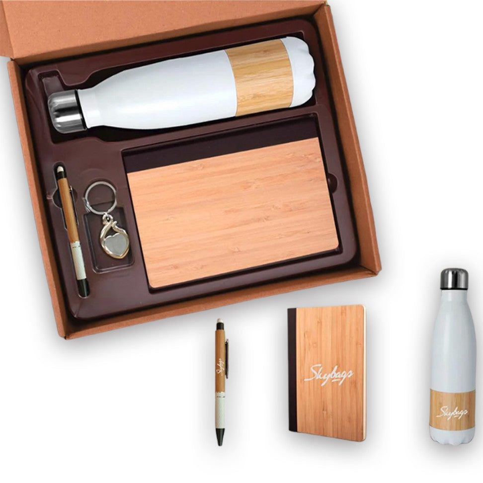 4 In 1 Bamboo Set: Keychain, Bamboo Vacuum Flask, Bamboo Pen, A5 Bamboo Cover Notebook - corporate gift by YuBingo