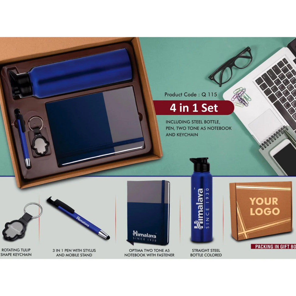 4 In 1 Dual Tone Set: Tulip Shape Keychain, SS Colored Bottle, Multifunction Pen, A5 PU Notebook - corporate gift by YuBingo