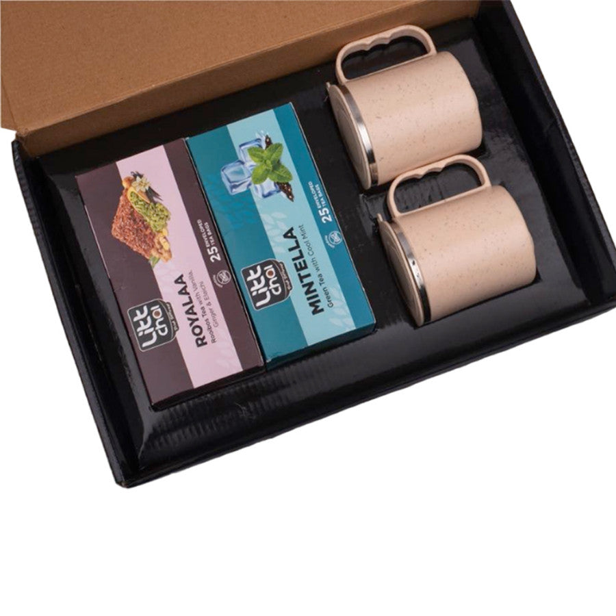 Set Of 2 Tea Bag Boxes With 2 SS Eco Mugs | Total 50 Tea Bags | Mugs Made Of Wheat Straw Material - corporate gift by YuBingo