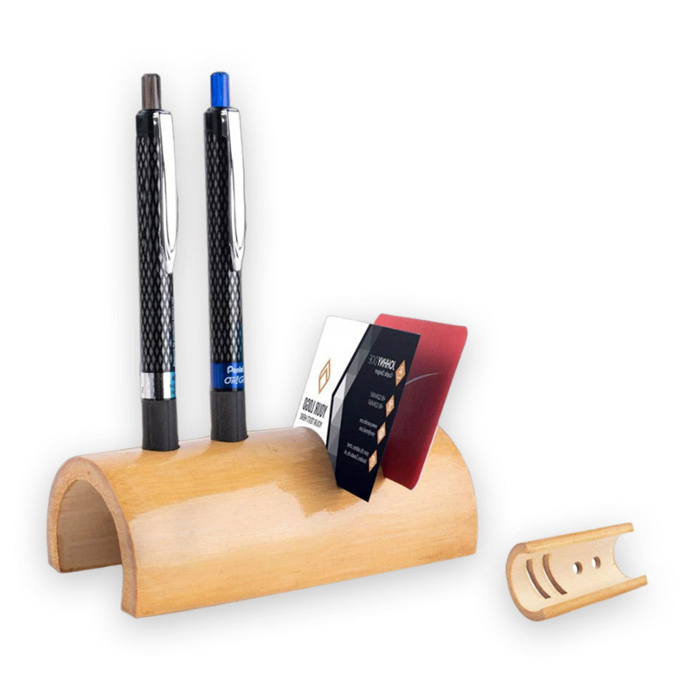 Bamboo Card Holder with Double Pen Holder (with PU Gloss Coating) - corporate gift by YuBingo