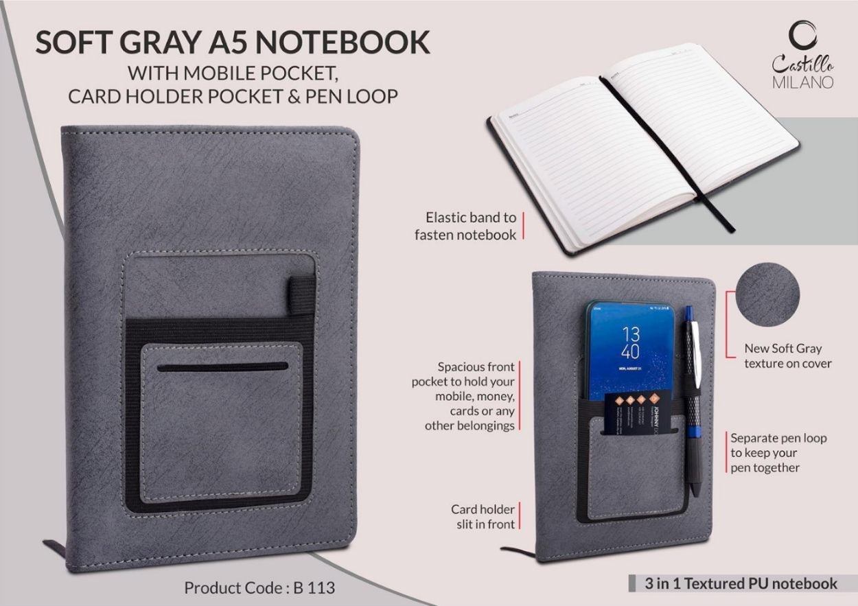 Soft Gray A5 Notebook with Mobile Pocket, Card Holder Pocket & Pen Loop by Castillo Milano - corporate gift by YuBingo