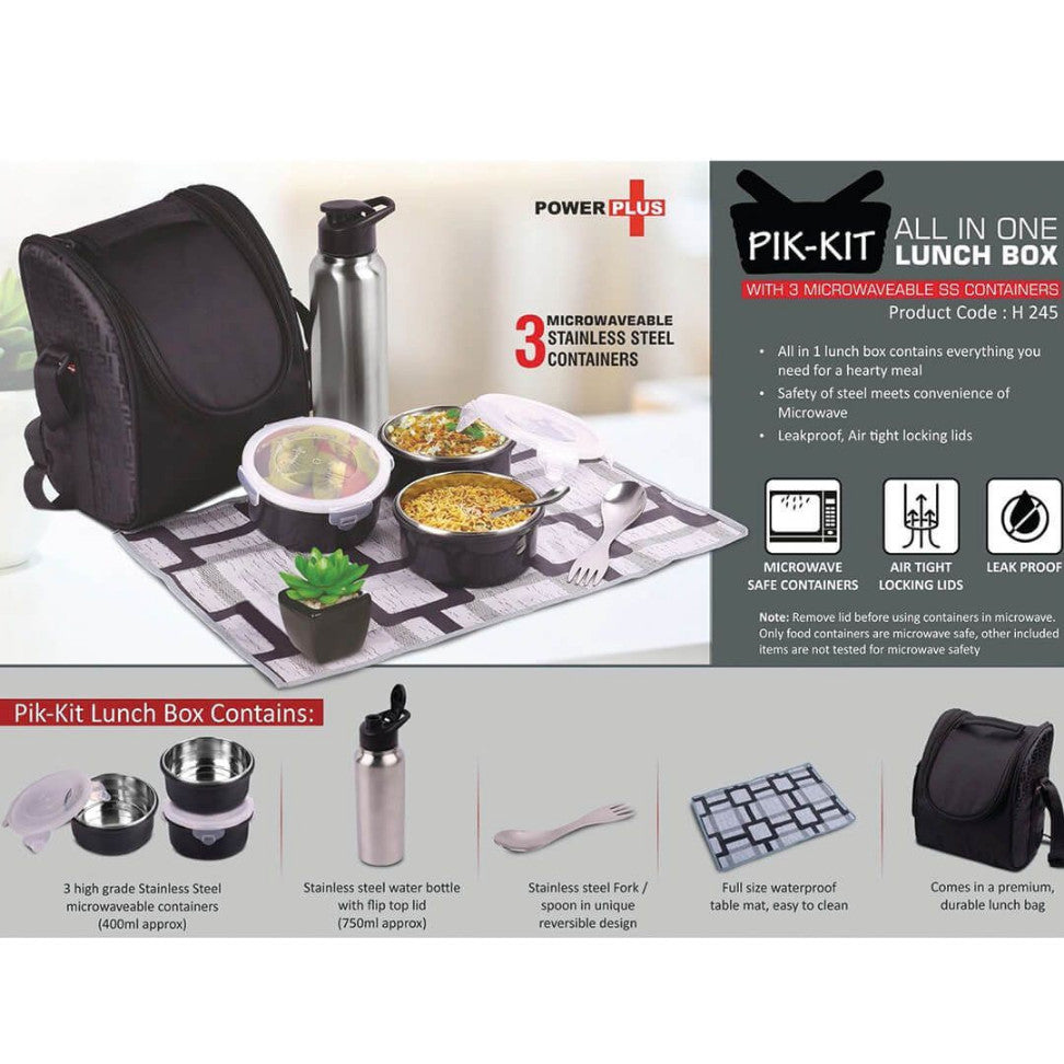 PIK-KIT Mini: Lunch Box Combo with 3 Microwaveable SS Containers and Water Bottle - corporate gift by YuBingo