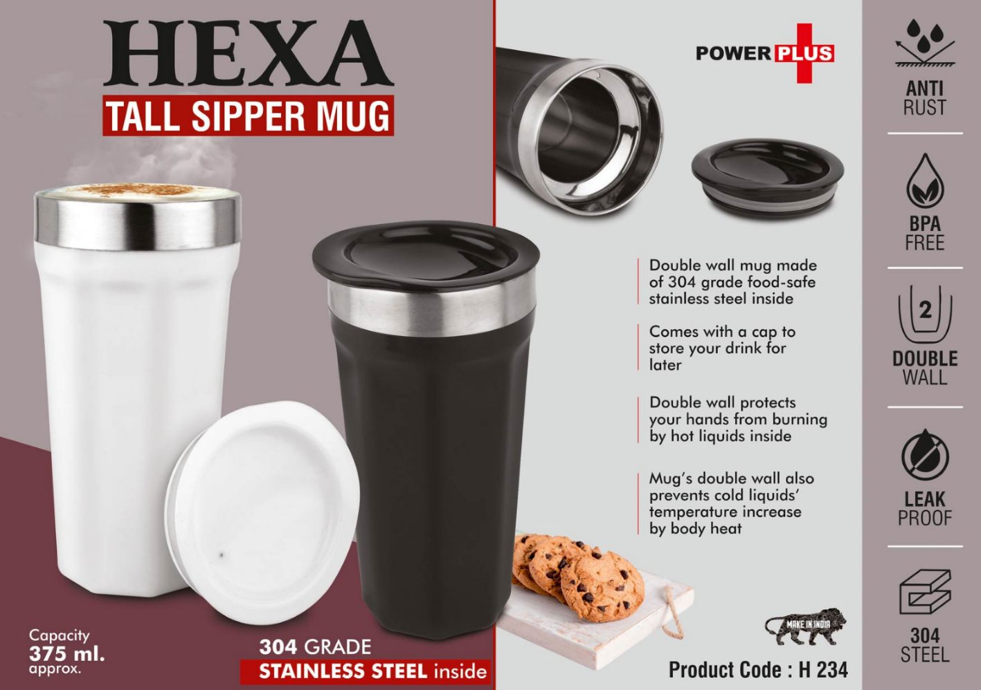 H234 - Hexa: Tall Sipper Mug - 304 Grade Stainless Steel Inside - Capacity 375ml Approx - corporate gift by YuBingo