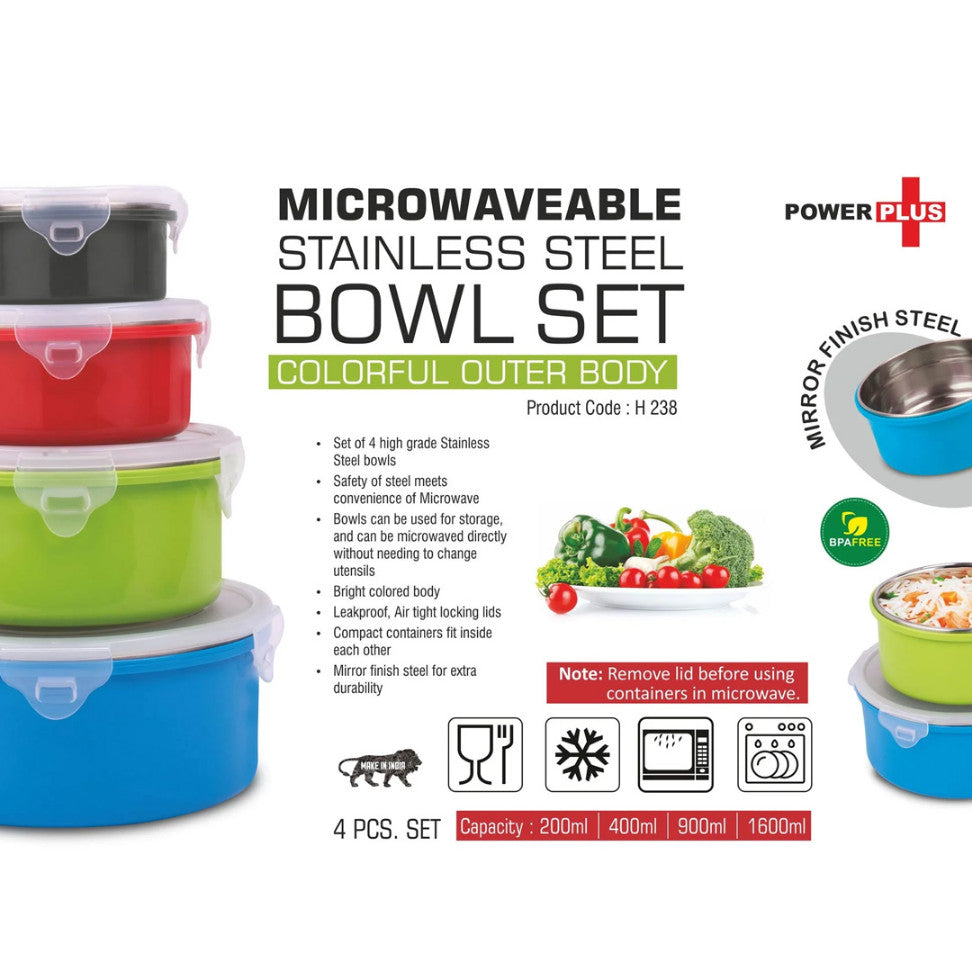4 pc Microwaveable Stainless Steel Bowl Set | Colorful Outer Body | Capacity: 200ml, 400ml, 900ml, 1600ml - corporate gift by YuBingo