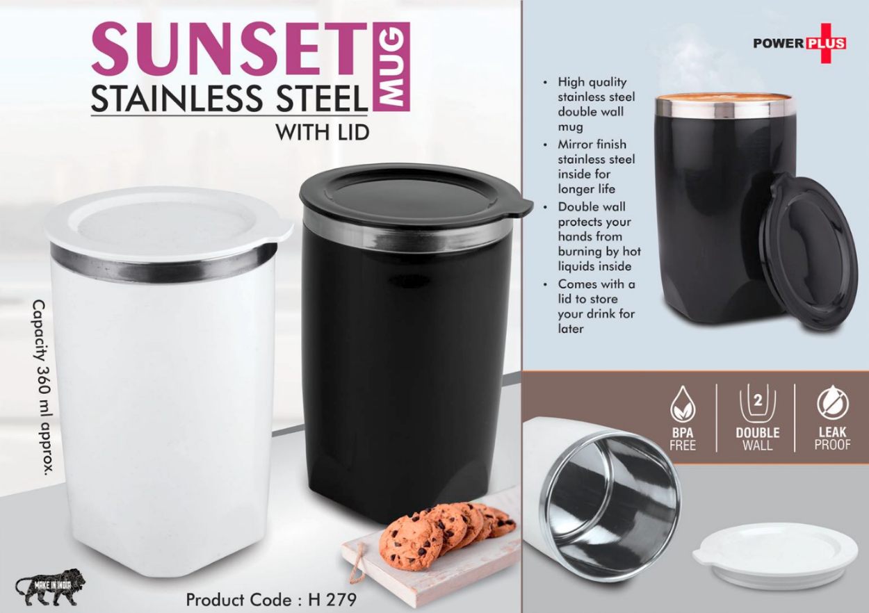 H279 - Sunset: Stainless Steel Mug With Lid - 360ml - corporate gift by YuBingo