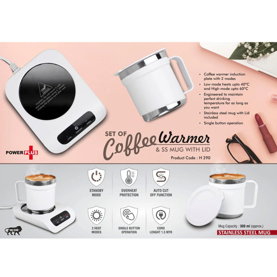 H290 - Coffee Warmer & SS Mug With Lid - Auto Cut Off & Overheat Protection - 2 Heat Modes - corporate gift by YuBingo