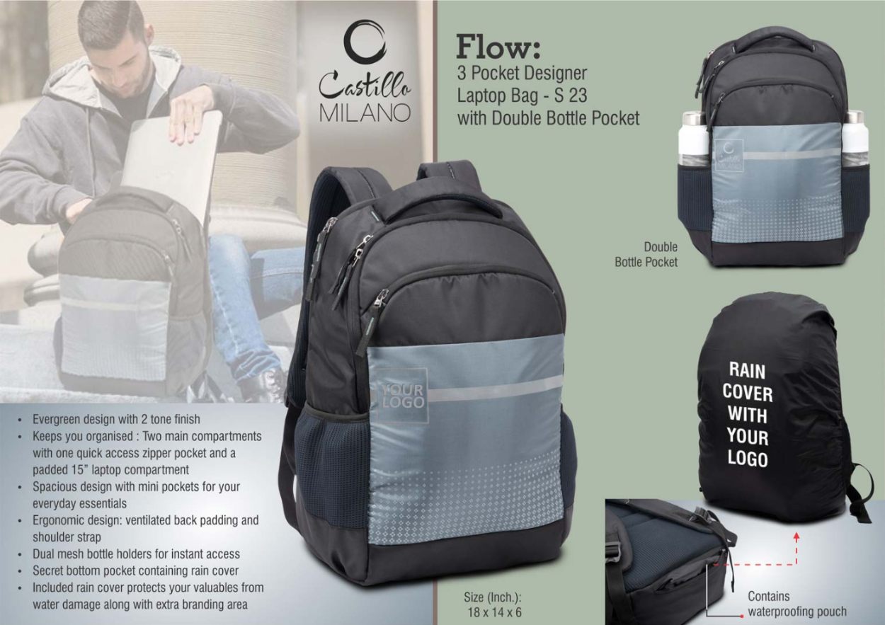 Flow: 3 Pocket Designer Laptop Bag With Double Bottle Pocket And Rain Cover - product image 3