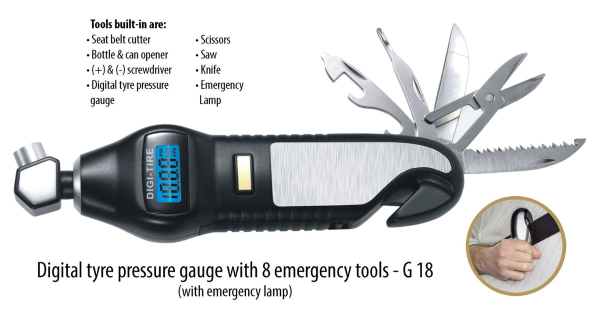 Digital Tyre Pressure Gauge with 7 Emergency Tools - corporate gift by YuBingo