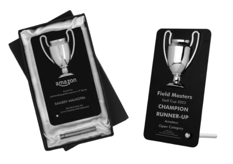 Winner Cup Desk Trophy with Stand | Black Plate - corporate gift by YuBingo