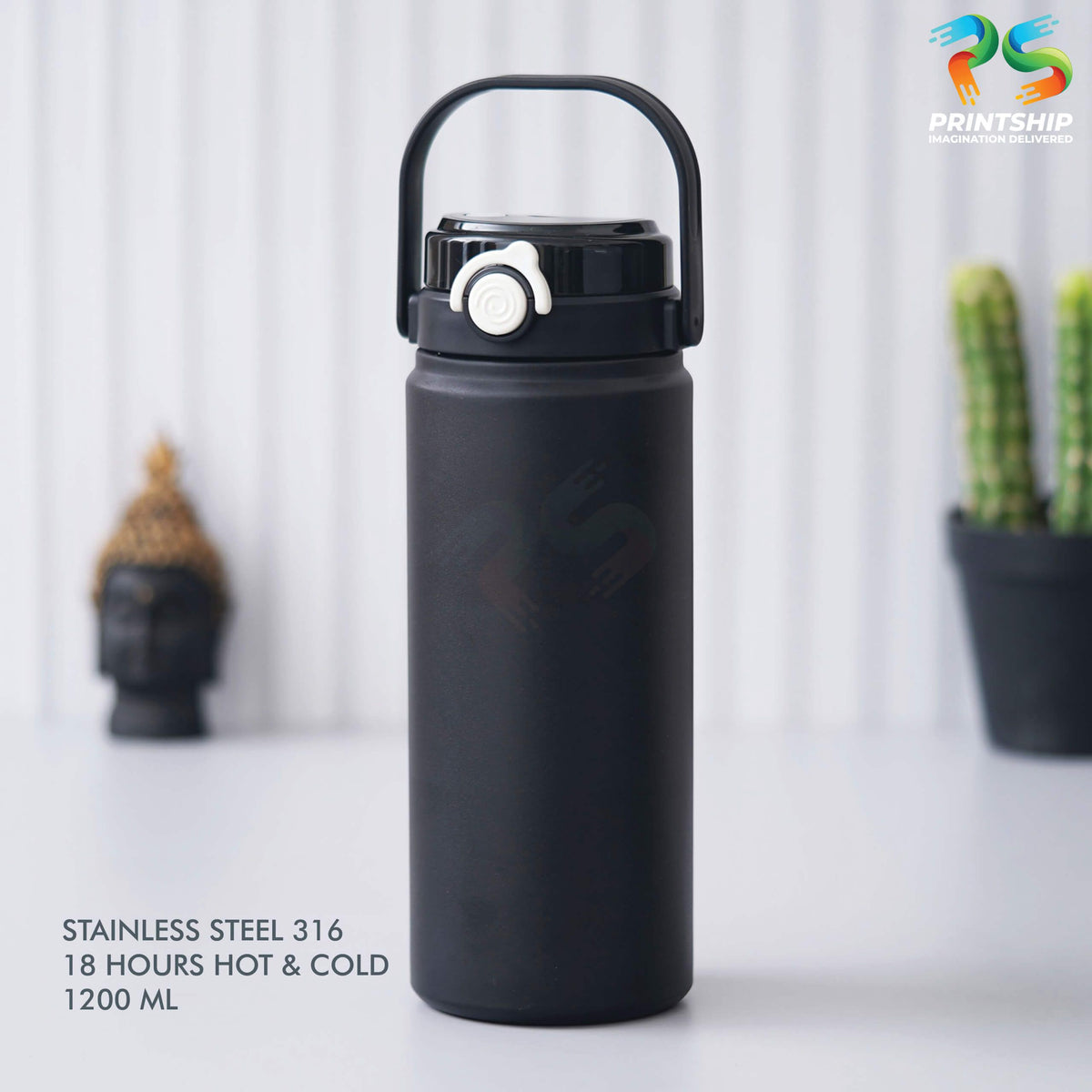 Sleek Black Stainless Steel Bottle - 1200 ML - corporate gift by YuBingo