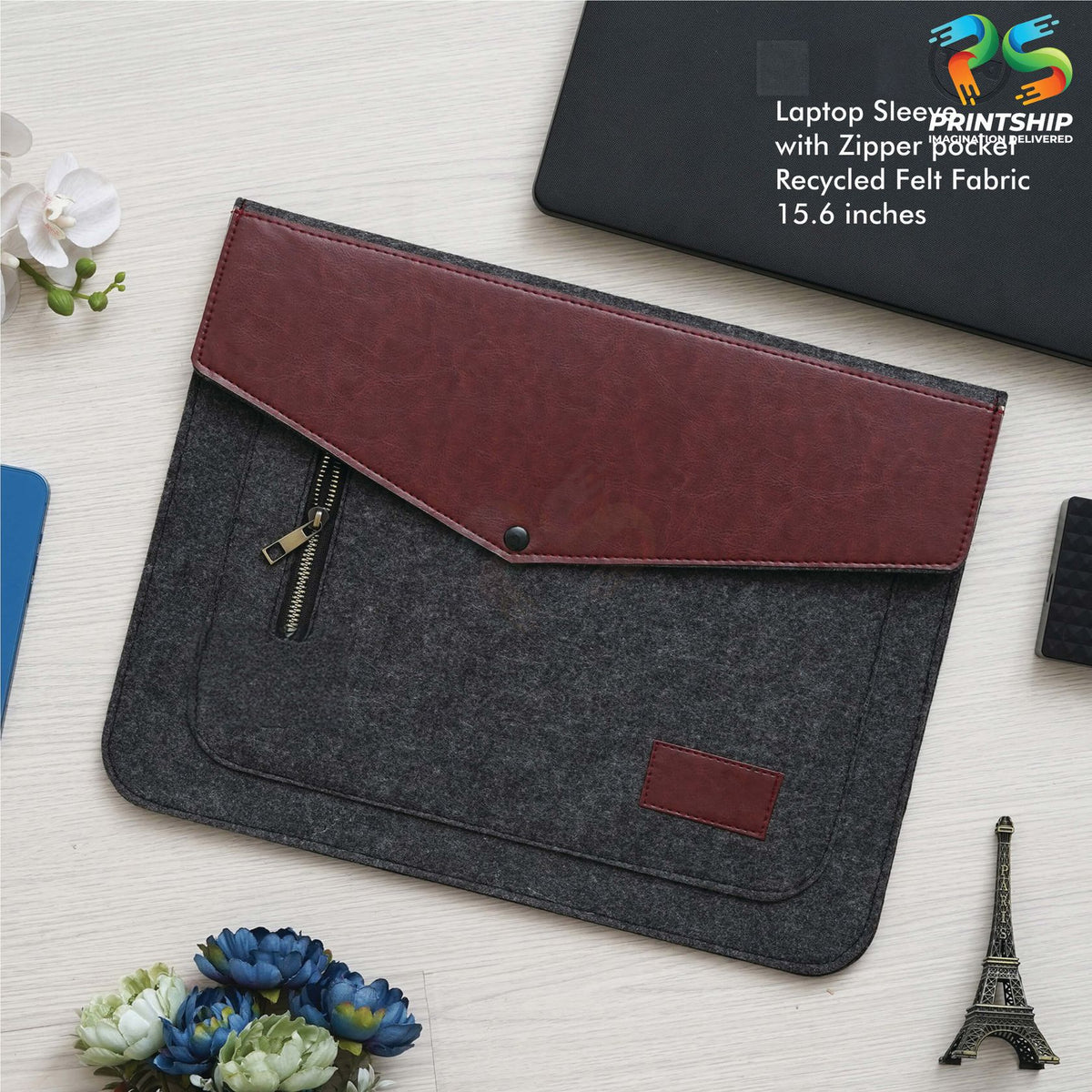 Black Recycled Felt Laptop Sleeve - 15.6 Inch With Zipper Pockets - corporate gift by YuBingo