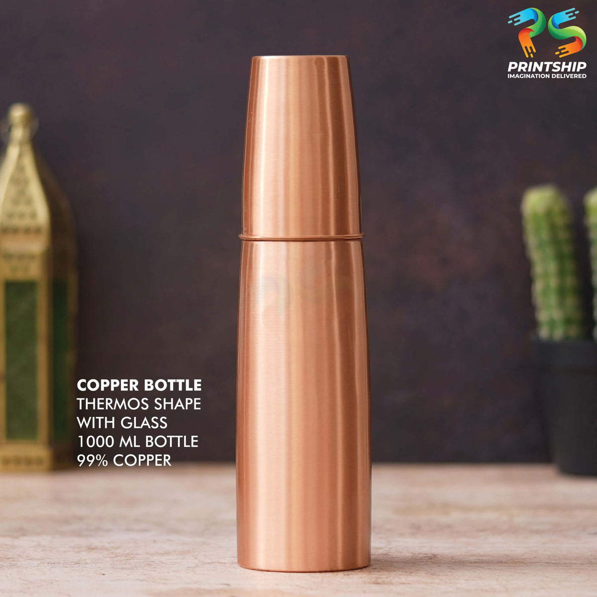 Thermos Shape Copper Bottle with Glass 1000ML - corporate gift by YuBingo