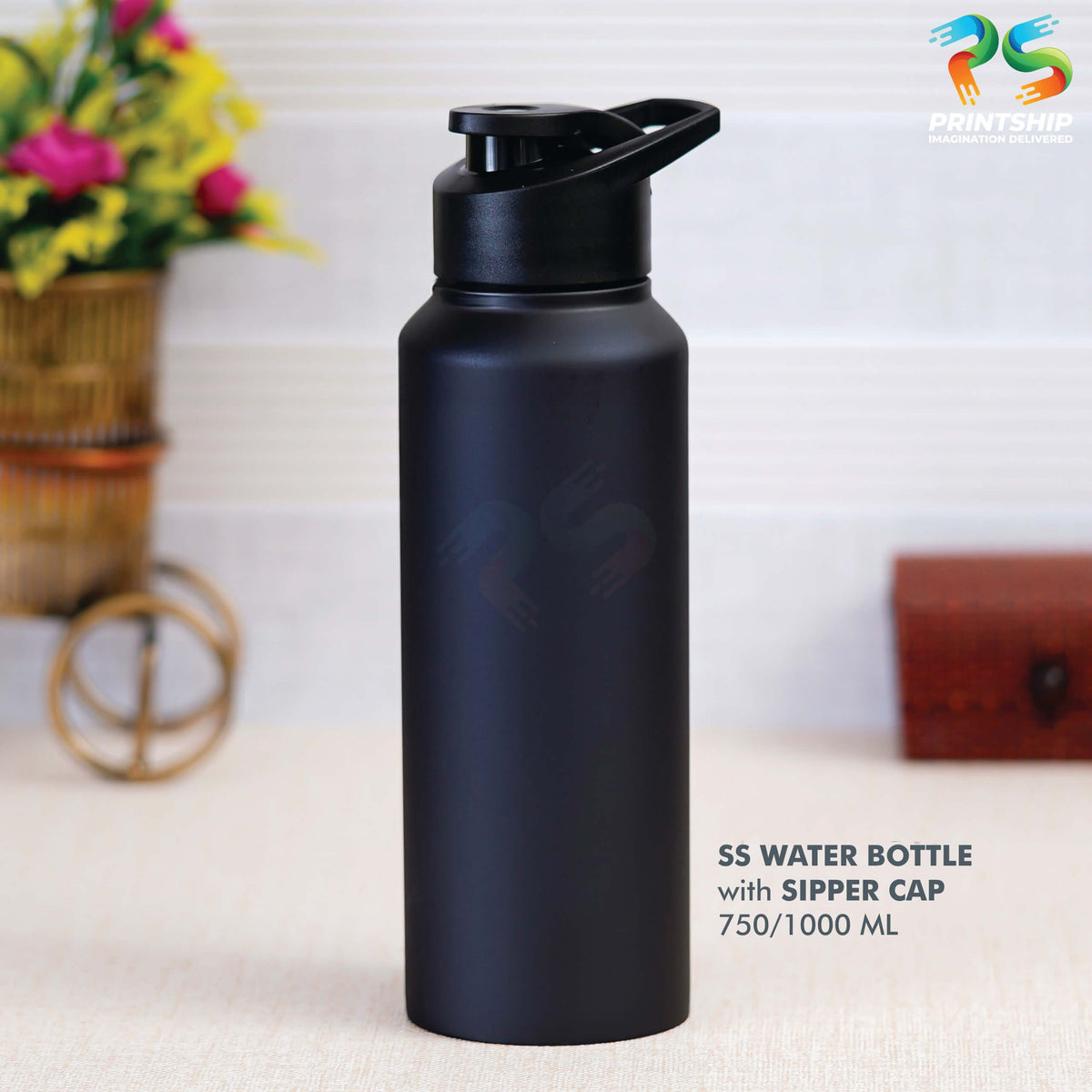 Large Black Sipper Stainless Steel Bottle - 1000 ML - corporate gift by YuBingo
