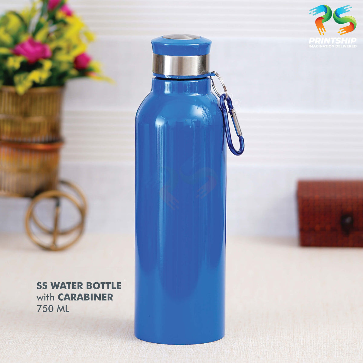 Blue Stainless Steel Bottle with Carabiner - 750 ML - corporate gift by YuBingo