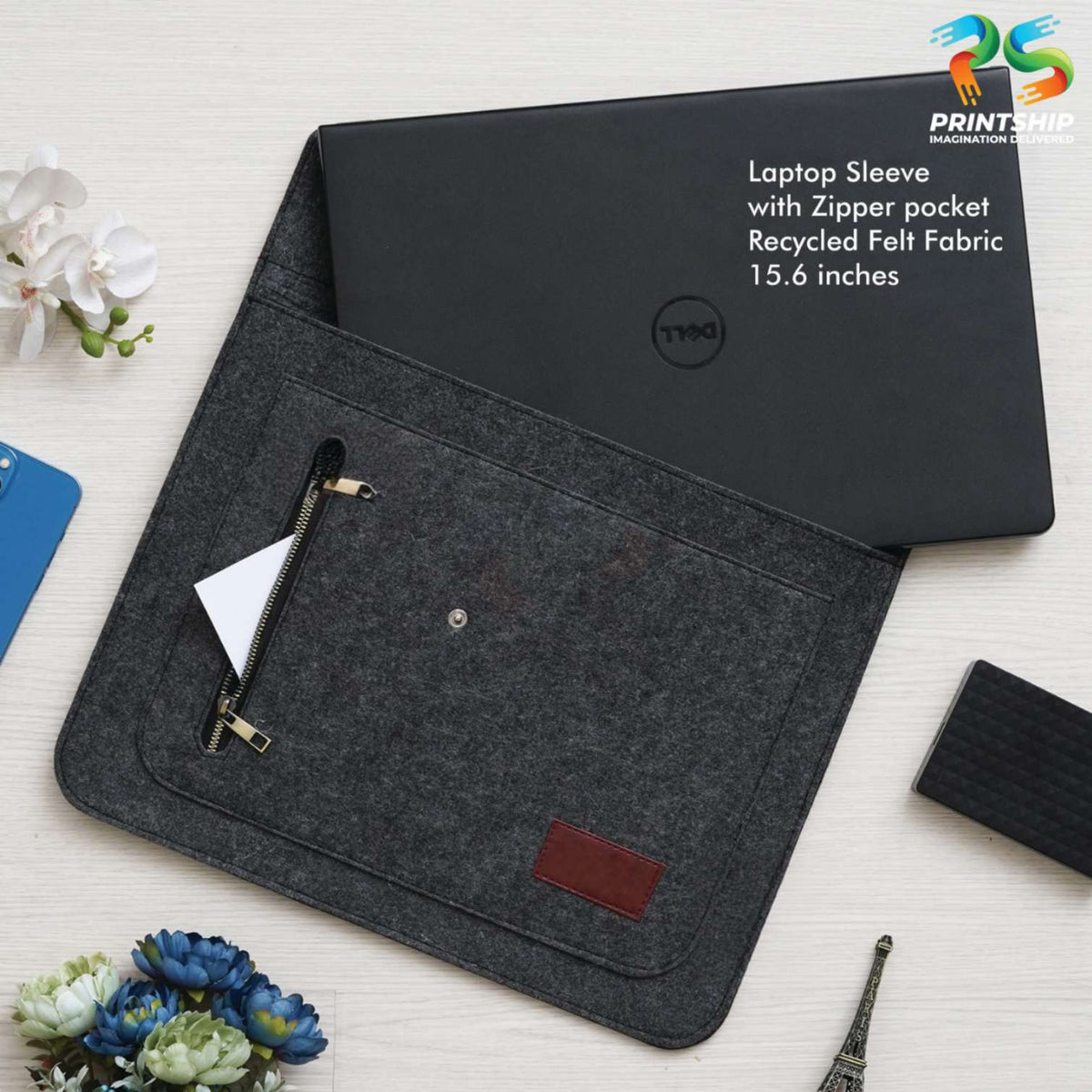 Black Recycled Felt Laptop Sleeve - 15.6 Inch With Zipper Pockets - product image 2