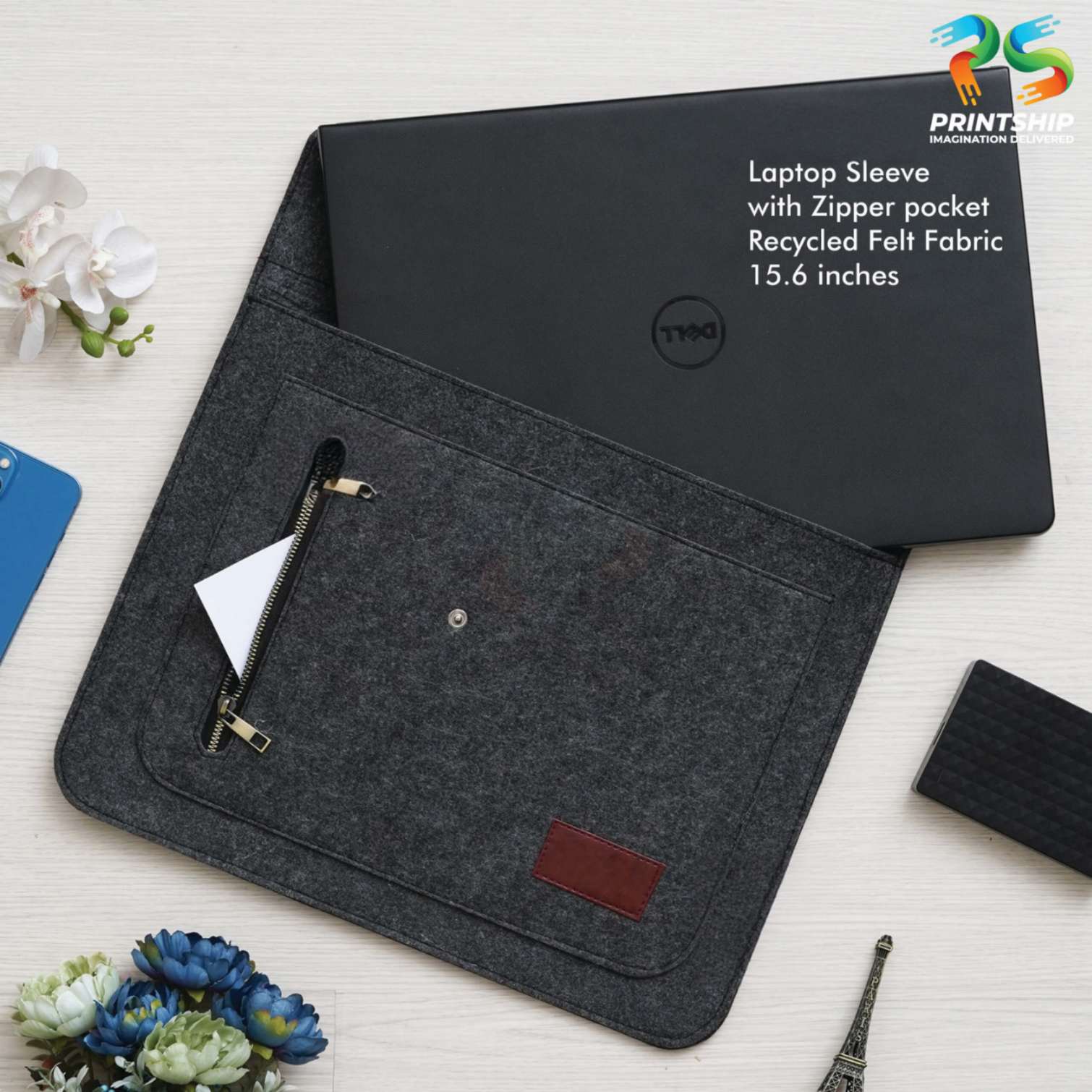 Black Recycled Felt Laptop Sleeve - 15.6 Inch With Zipper Pockets - corporate gift by YuBingo