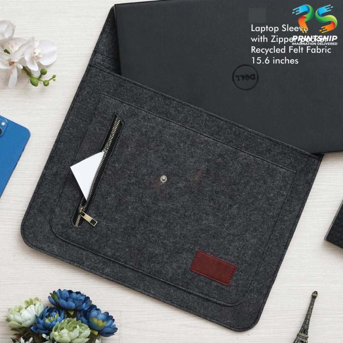 Black Recycled Felt Laptop Sleeve - 15.6 Inch With Zipper Pockets - product image 3