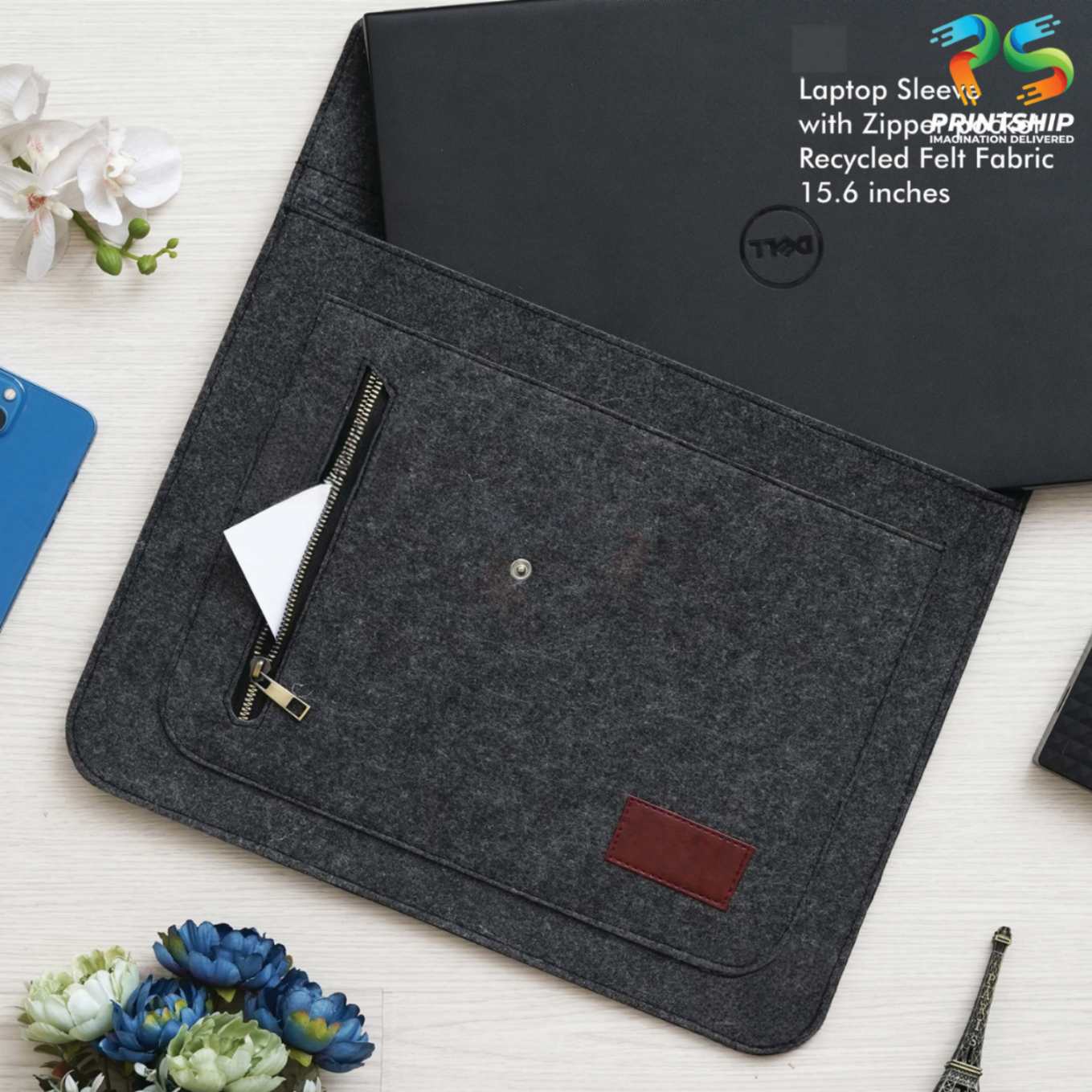 Black Recycled Felt Laptop Sleeve - 15.6 Inch With Zipper Pockets - product image 3