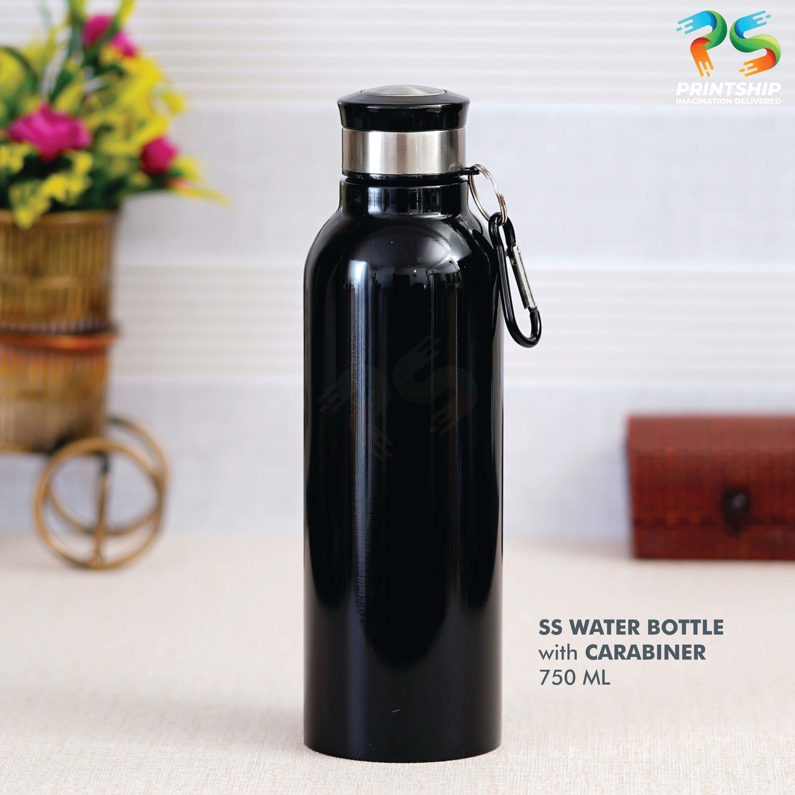 Black Stainless Steel Bottle with Carabiner - 750 ML - corporate gift by YuBingo