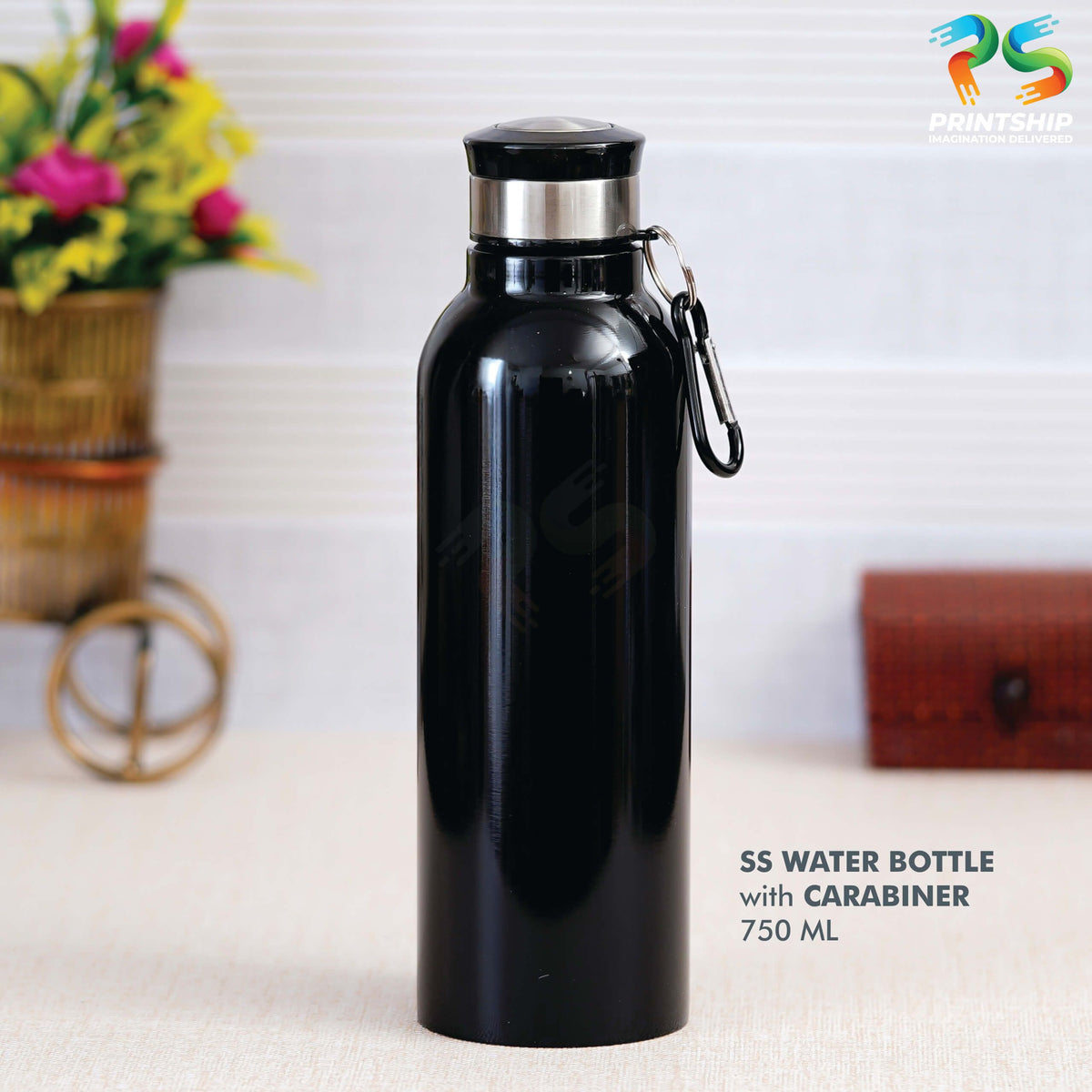 Black Stainless Steel Bottle with Carabiner - 750 ML - corporate gift by YuBingo