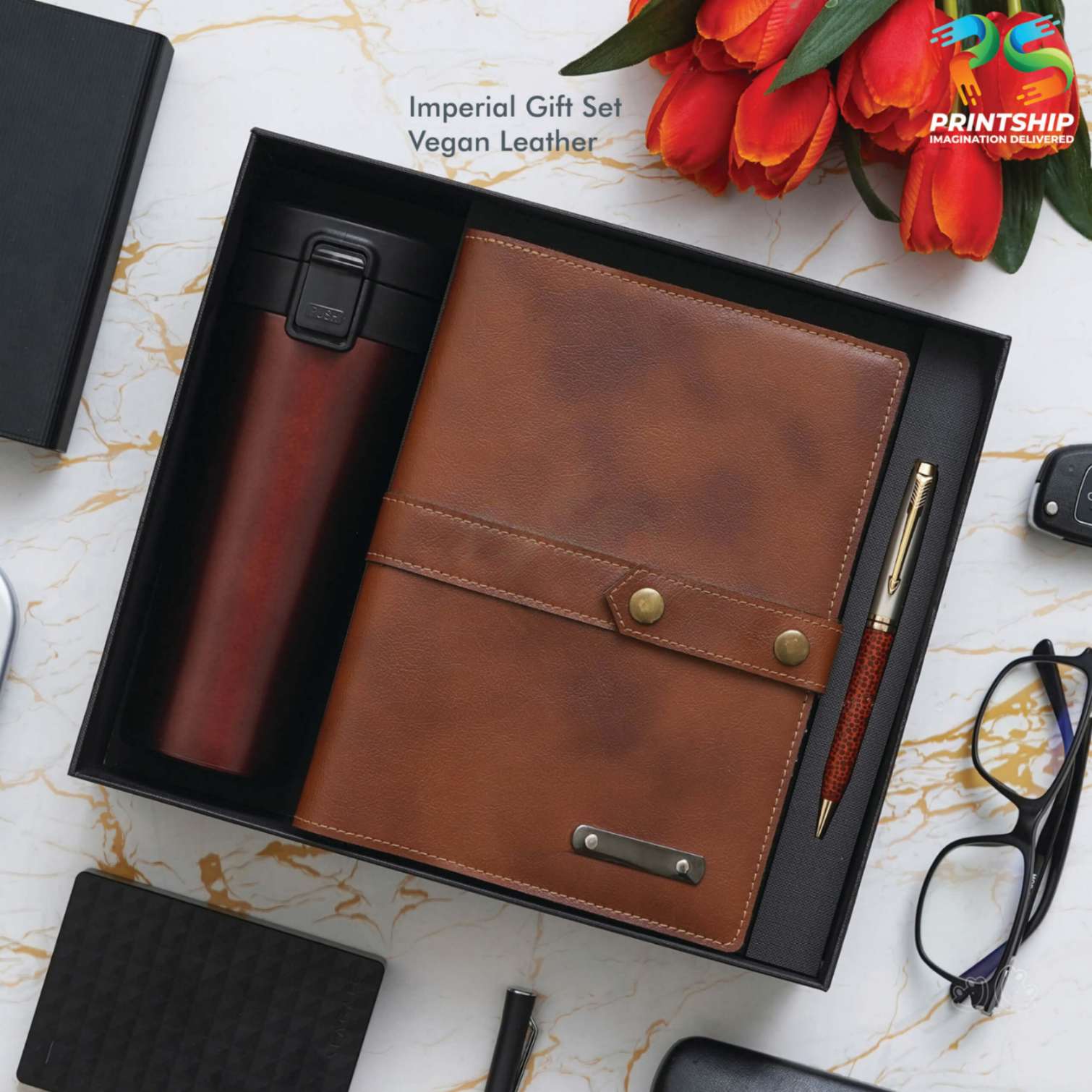 Tan Vegan Leather Travel Gift Set - corporate gift by YuBingo