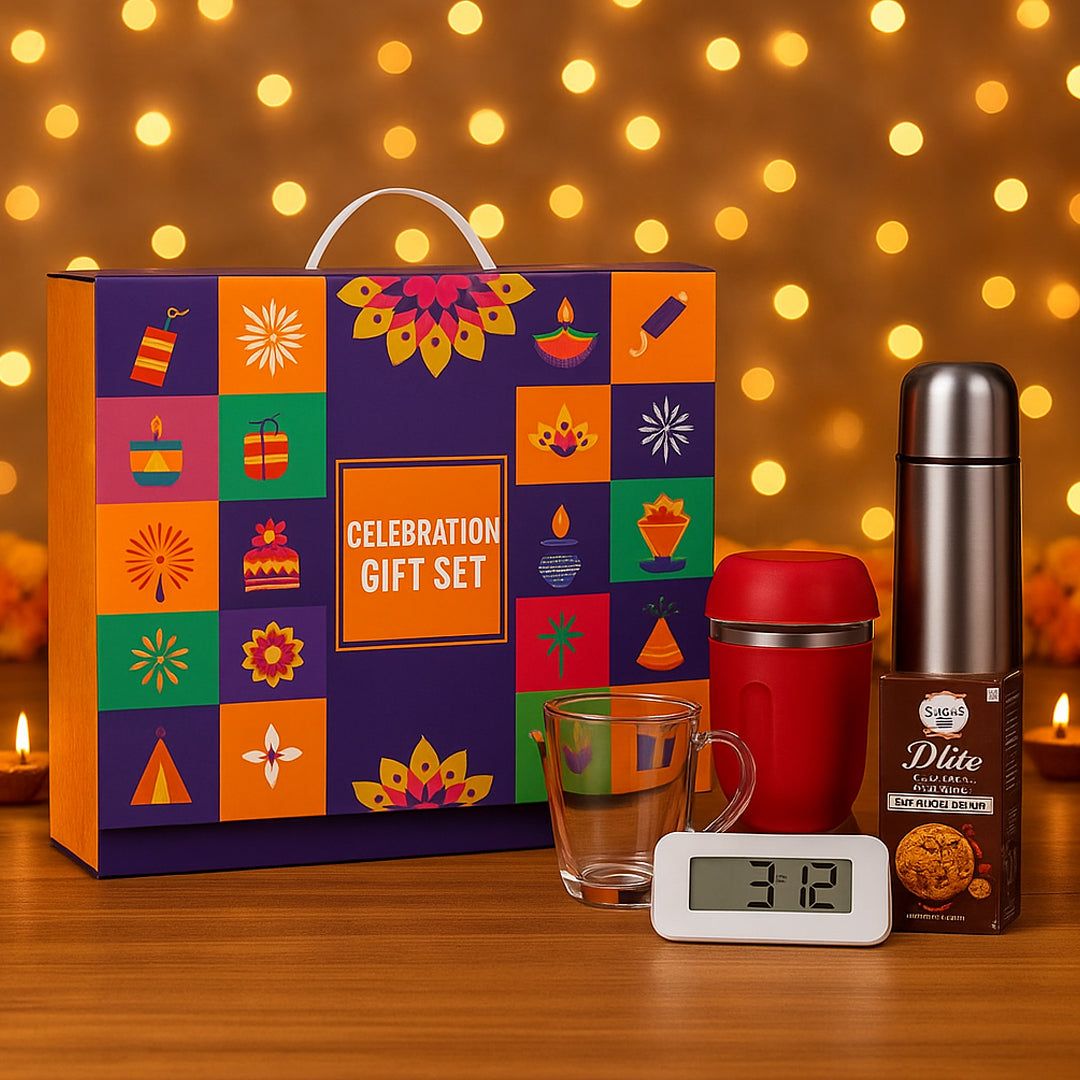Celebration Set of 4: Digital Clock With 10W Wireless Charger, Glass Mug with Silicon Cover, Bullet Vacuum Flask, Sugarfree Dâ€™Lite Cookies - corporate gift by YuBingo