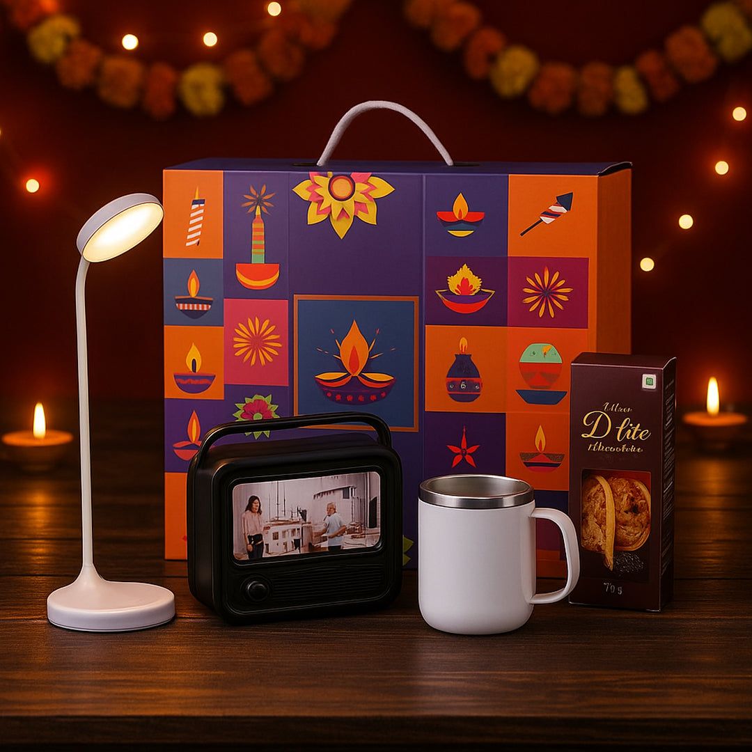 Celebration Set of 4: Rechargeable Lamp, Retro TV Speaker, SS Mug & Cookies - corporate gift by YuBingo