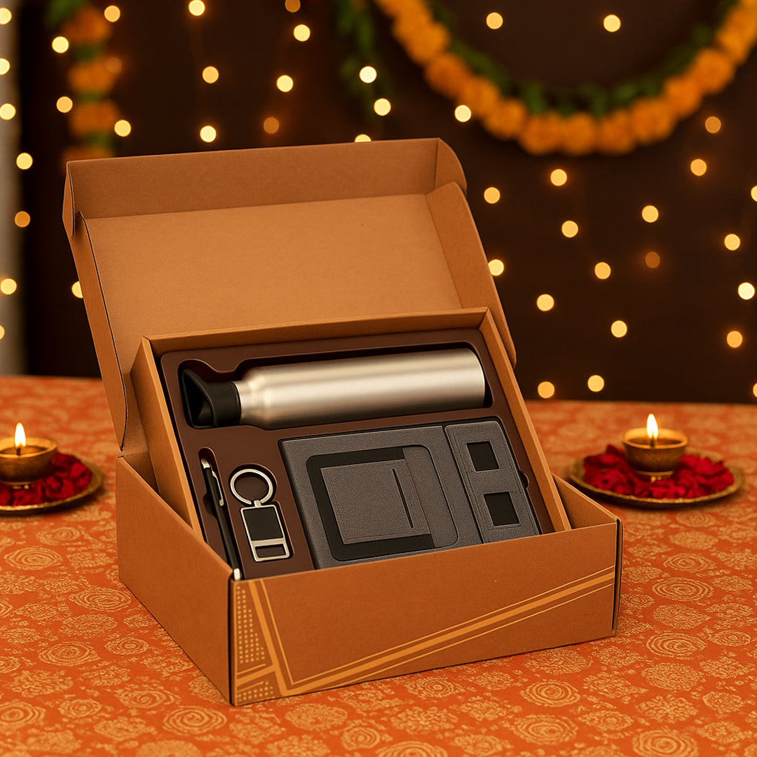 Q118 - 4 in 1 Gray Gift Set: Keychain, Bottle, Pen & Notebook - corporate gift by YuBingo