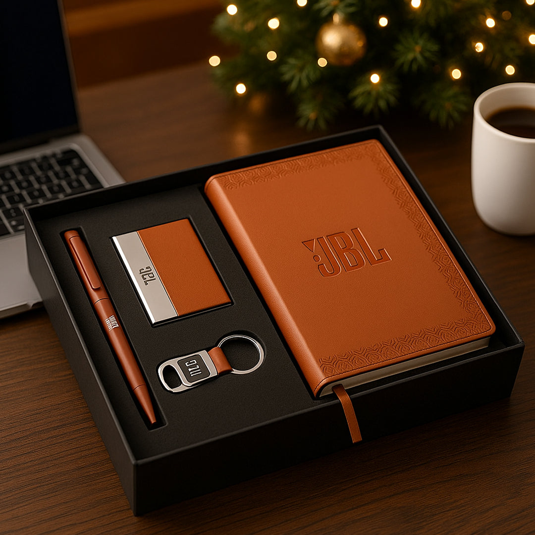 Q122 - Compact 4 pc Tan Gift Set | Notebook, Pen, Keychain & Card Holder - corporate gift by YuBingo