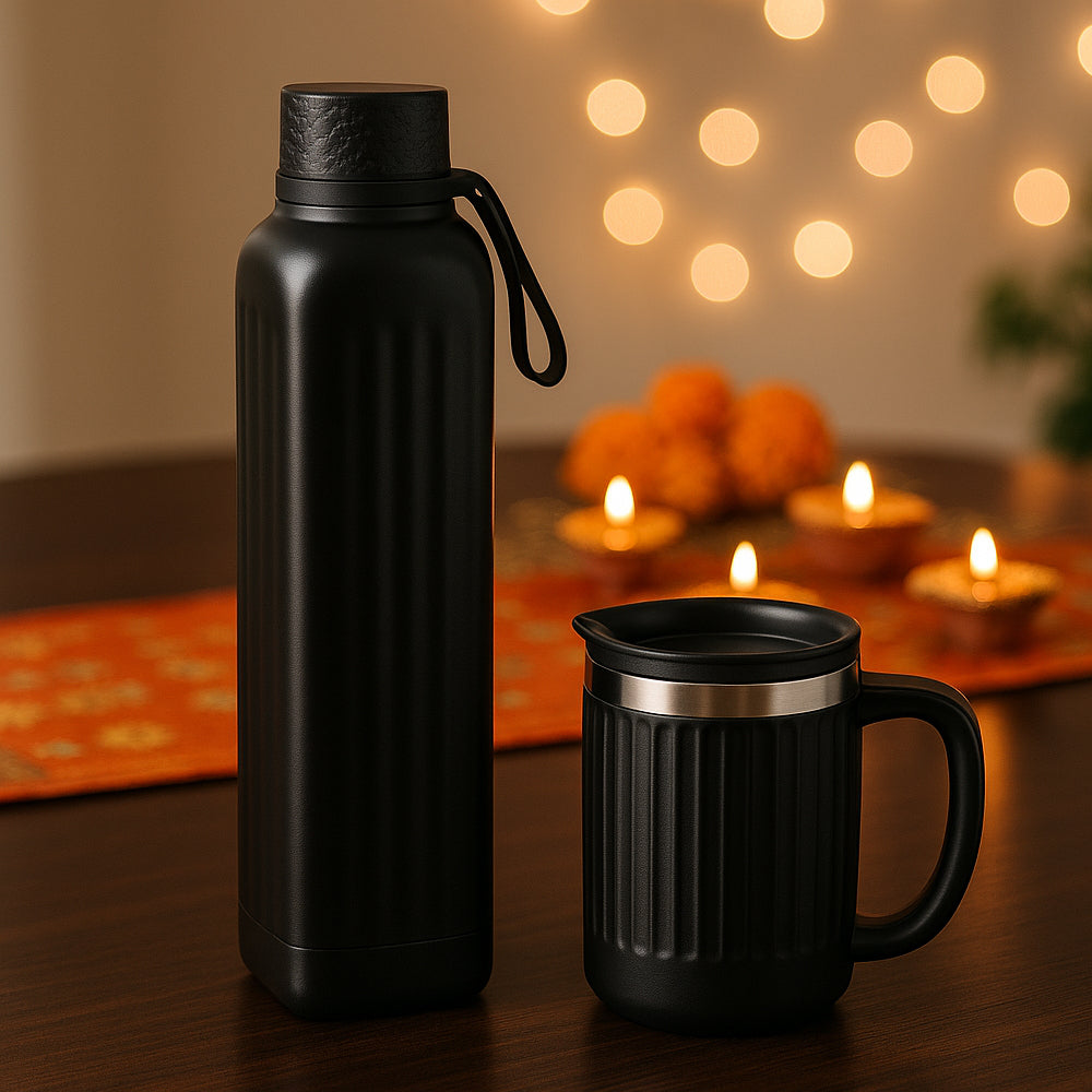 Set of Square Insulated Bottle with Large SS Grip Mug - Power Plus - corporate gift by YuBingo