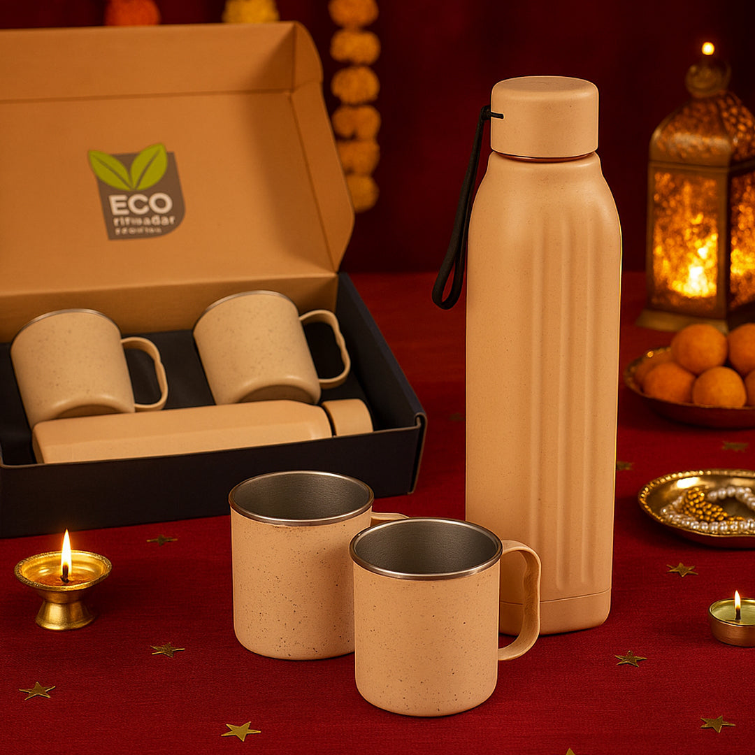 Q197 - 3 pc Eco Gift Set (Insulated Square Eco Steel Bottle with 2 Eco Steel Cups) - corporate gift by YuBingo