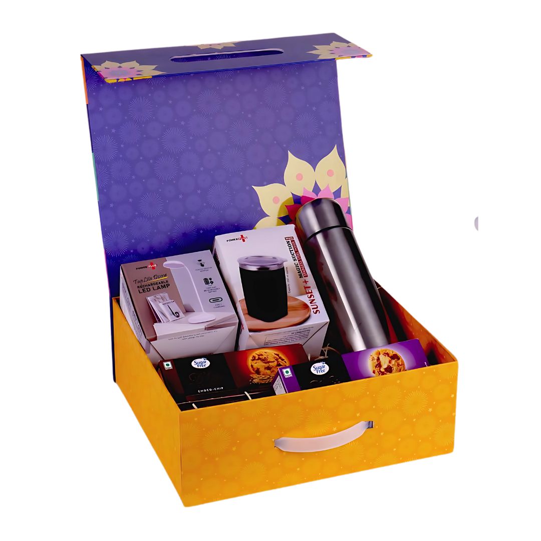 Q202 - Celebration Set of 5: Rechargeable Table Lamp, Premium SS Suction Mug, Bullet Vacuum Flask, Sugarfree D’Lite Cookies in Magnetic Gift Box with Handle - corporate gift by YuBingo