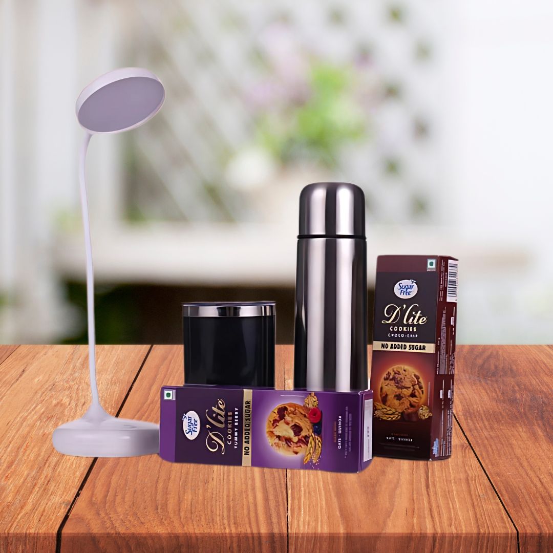 Q202 - Celebration Set of 5: Rechargeable Table Lamp, Premium SS Suction Mug, Bullet Vacuum Flask, Sugarfree D’Lite Cookies in Magnetic Gift Box with Handle - corporate gift by YuBingo