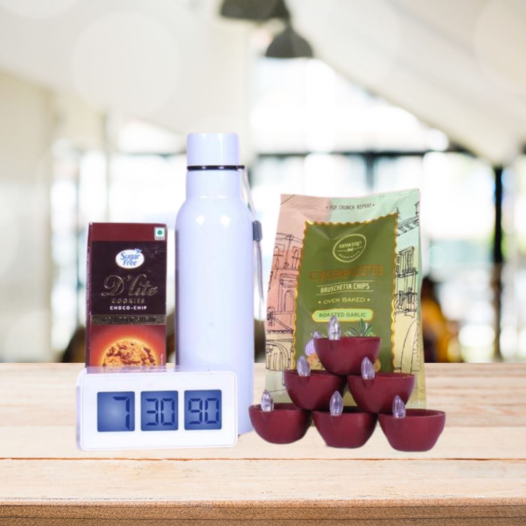 Q213 - Celebration Gift Set of 5: Bottle, Clock, Diyas, Cookies & Bruschetta - corporate gift by YuBingo