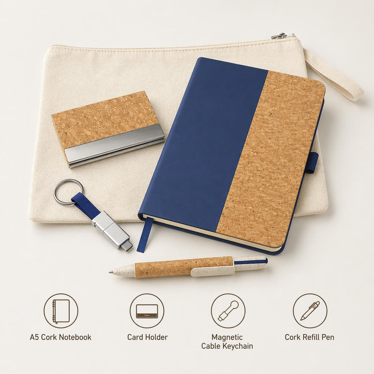 EcoPouch Set of 4: Cork Executive Kit in Multipurpose Canvas Pouch- Blue edition - Premium Corporate Gift | Q226 - corporate gift by YuBingo