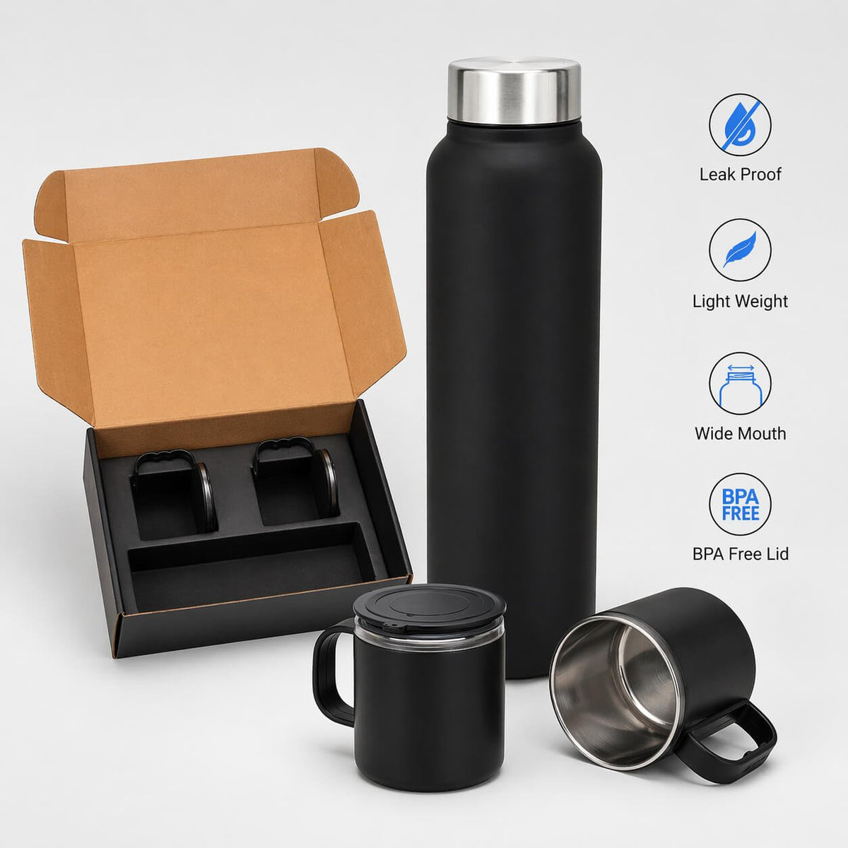 Set of Black Stainless Steel Bottle with 2 Stainless steel cups in Gift box - Premium Corporate Gift | Q48 - corporate gift by YuBingo