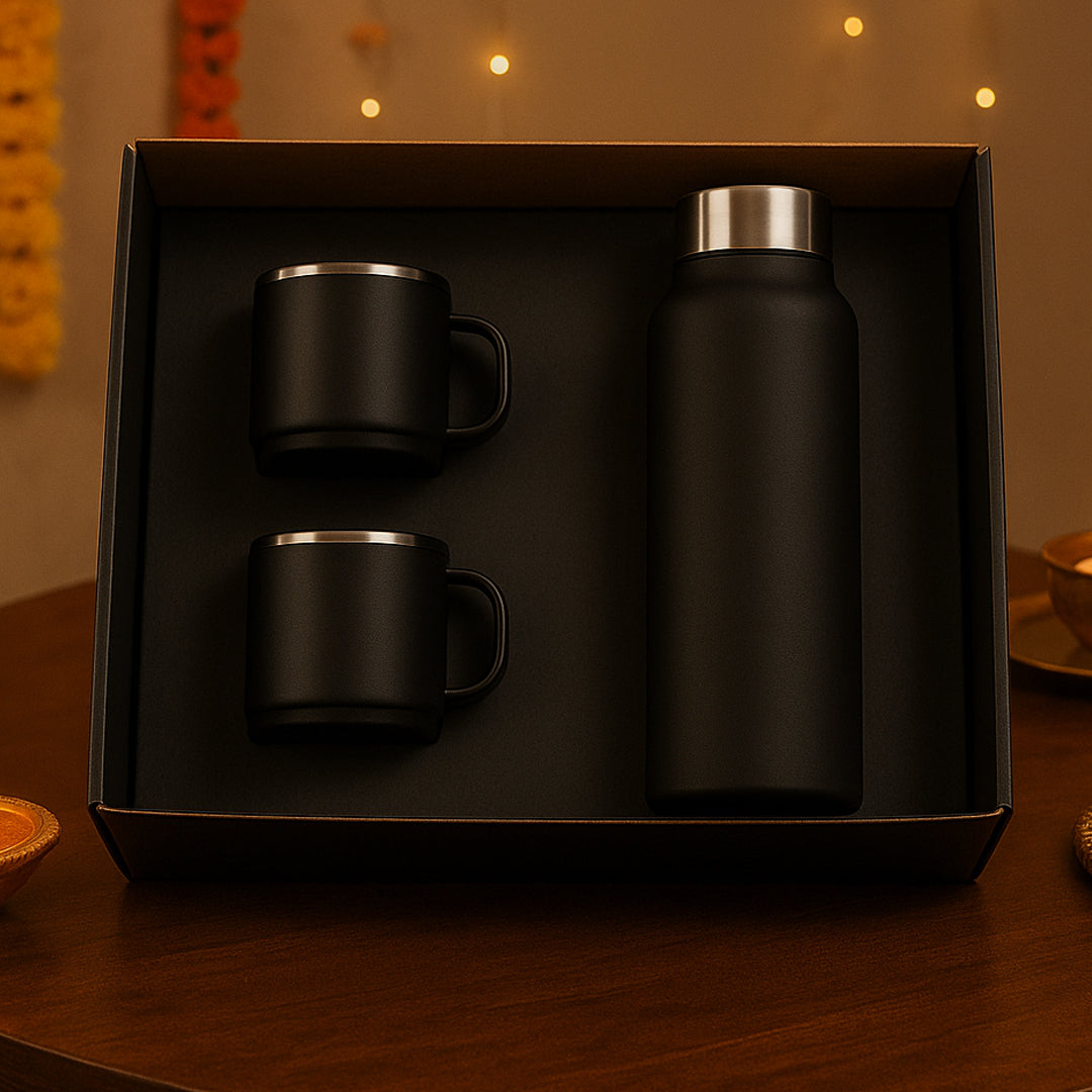 Q48 - Black Stainless Steel Bottle with 2 Cups Gift Set - corporate gift by YuBingo