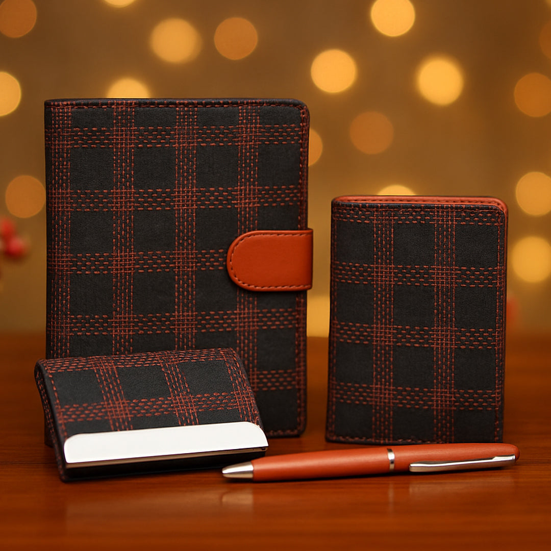Q79 - Tweed Tan Set of 4: Passport Holder, Wallet, Card Holder & Pen - corporate gift by YuBingo