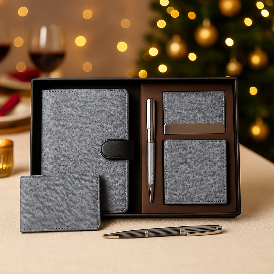 Q83 - Canvas Gray Set of 4: Multi use Passport holder, Wallet, Card holder, Metal Pen - corporate gift by YuBingo