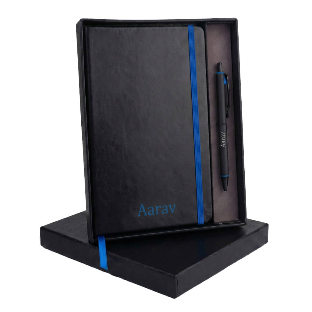 Q90 Blue - Laser Engrave A5 Notebook & Metal Highlight Pen Gift Set (Premium Box) - corporate gift by YuBingo