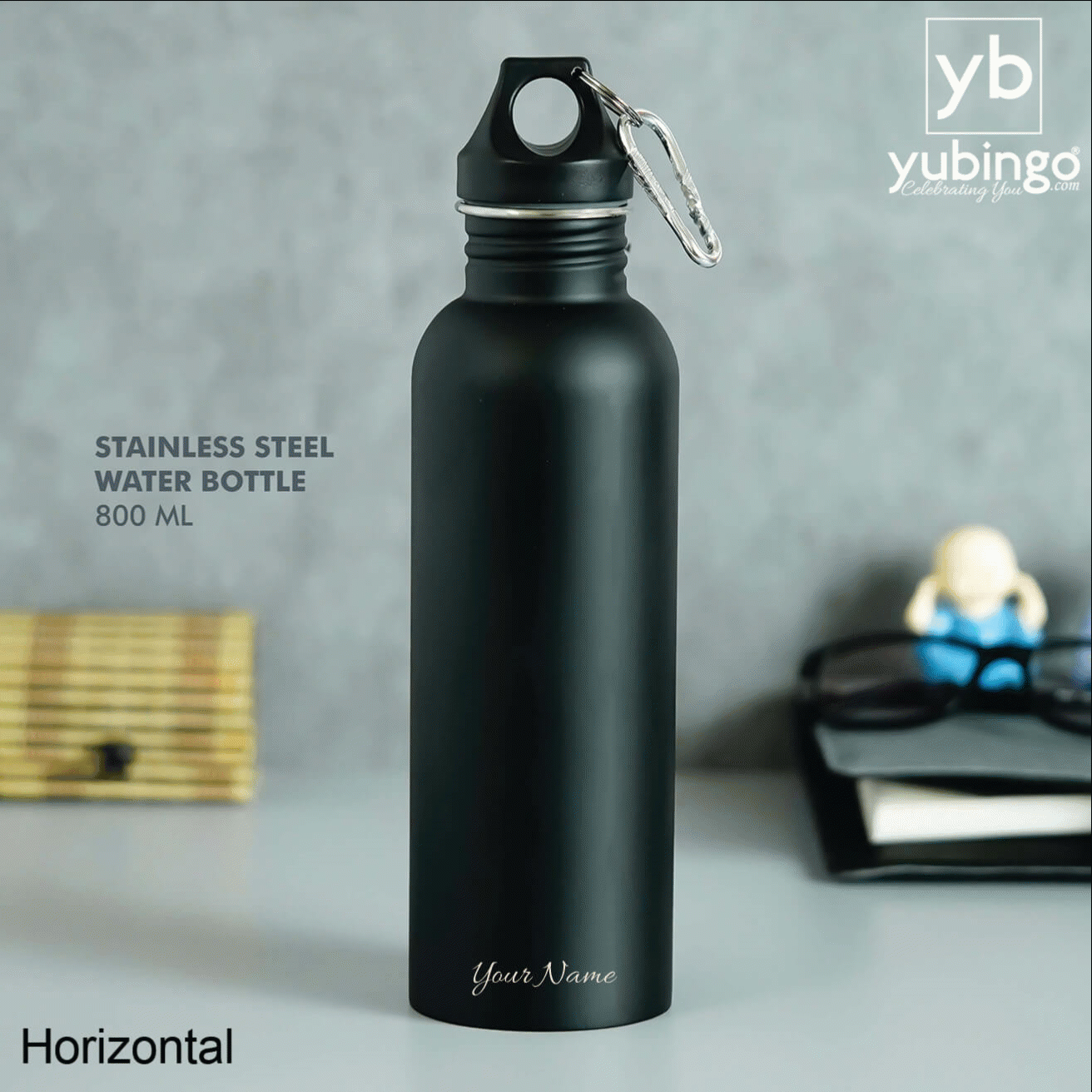 Customizable Black Stainless Steel Bottle with Carabiner - 800 ML - corporate gift by YuBingo