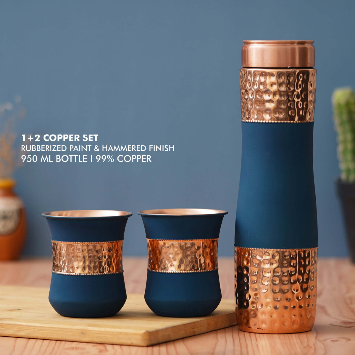 Blue Plain Hammered Rubberized Finish Copper Bottle with 2 Glasses - Perfect Gift Set - product image 2