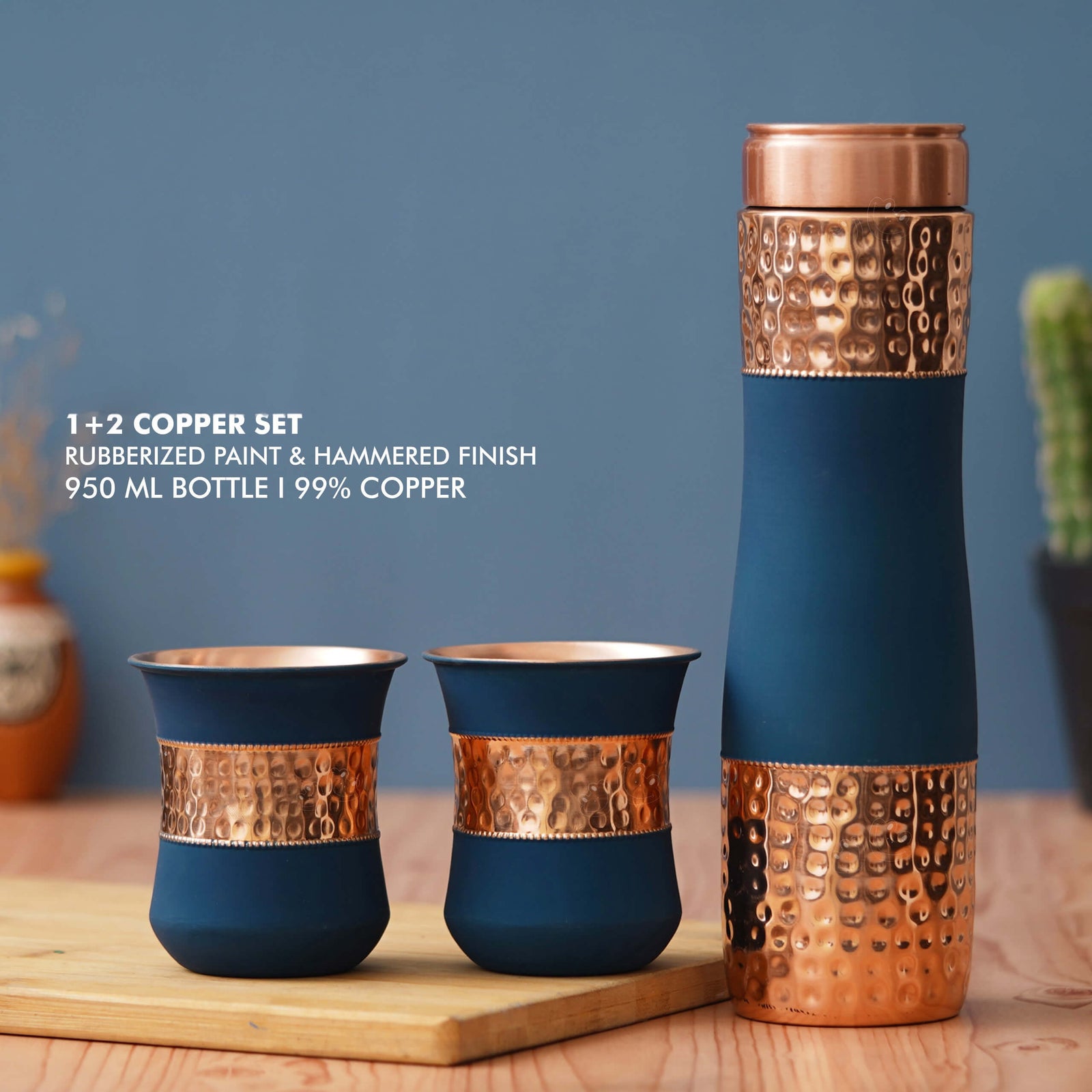 Blue Plain Hammered Rubberized Finish Copper Bottle with 2 Glasses - Perfect Gift Set - corporate gift by YuBingo