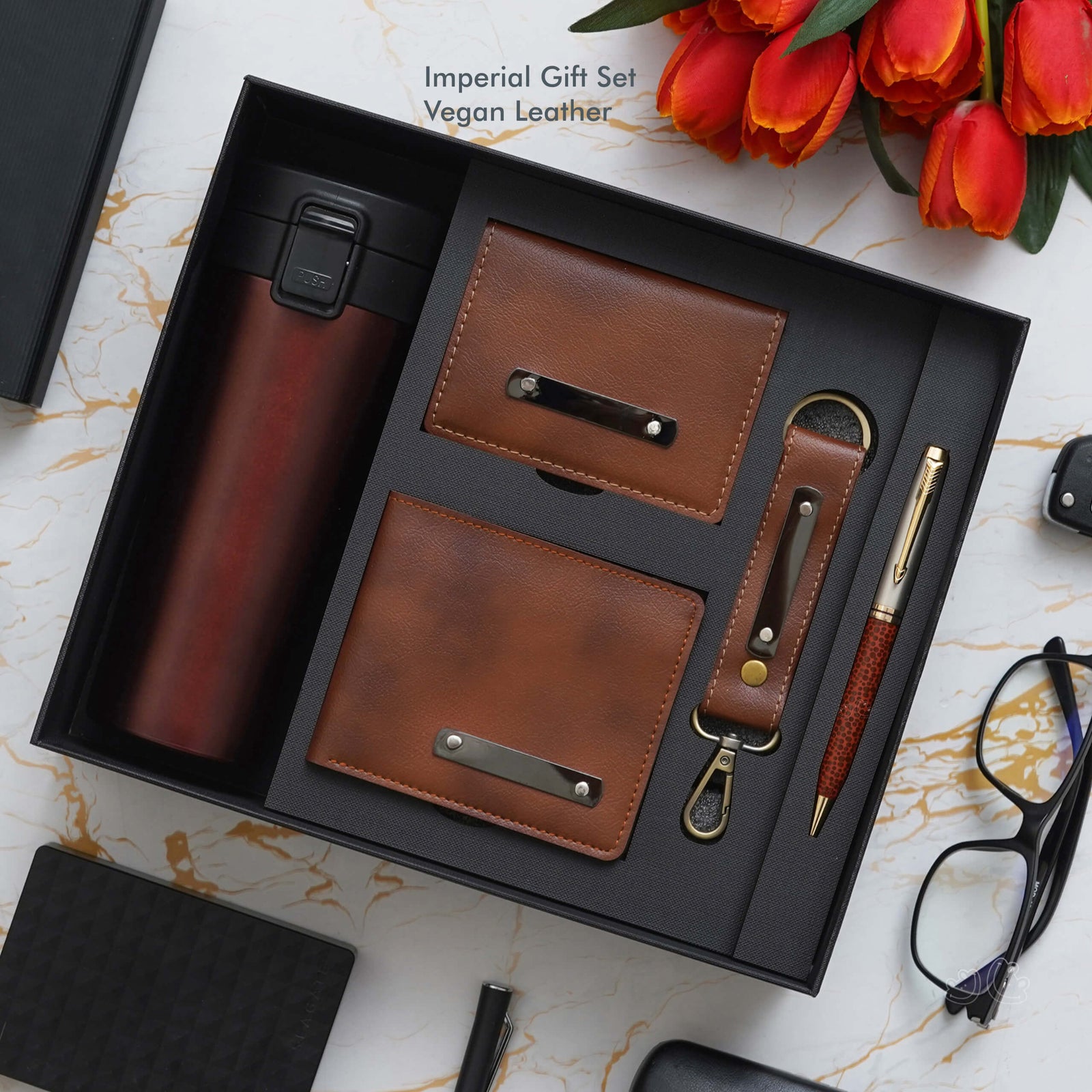 Deluxe Tan Vegan Leather Office Gift Set - Travel Mug, Notebook, Wallet & More - product image 3